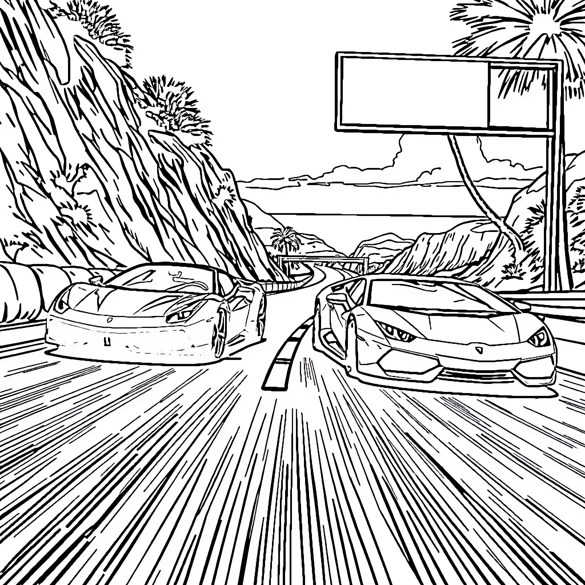 Car racing on a scenic highway Coloring Page (free black-and-white line drawing printable PDF for all, from beginners to advanced learners, including children, teens, adults, and seniors)