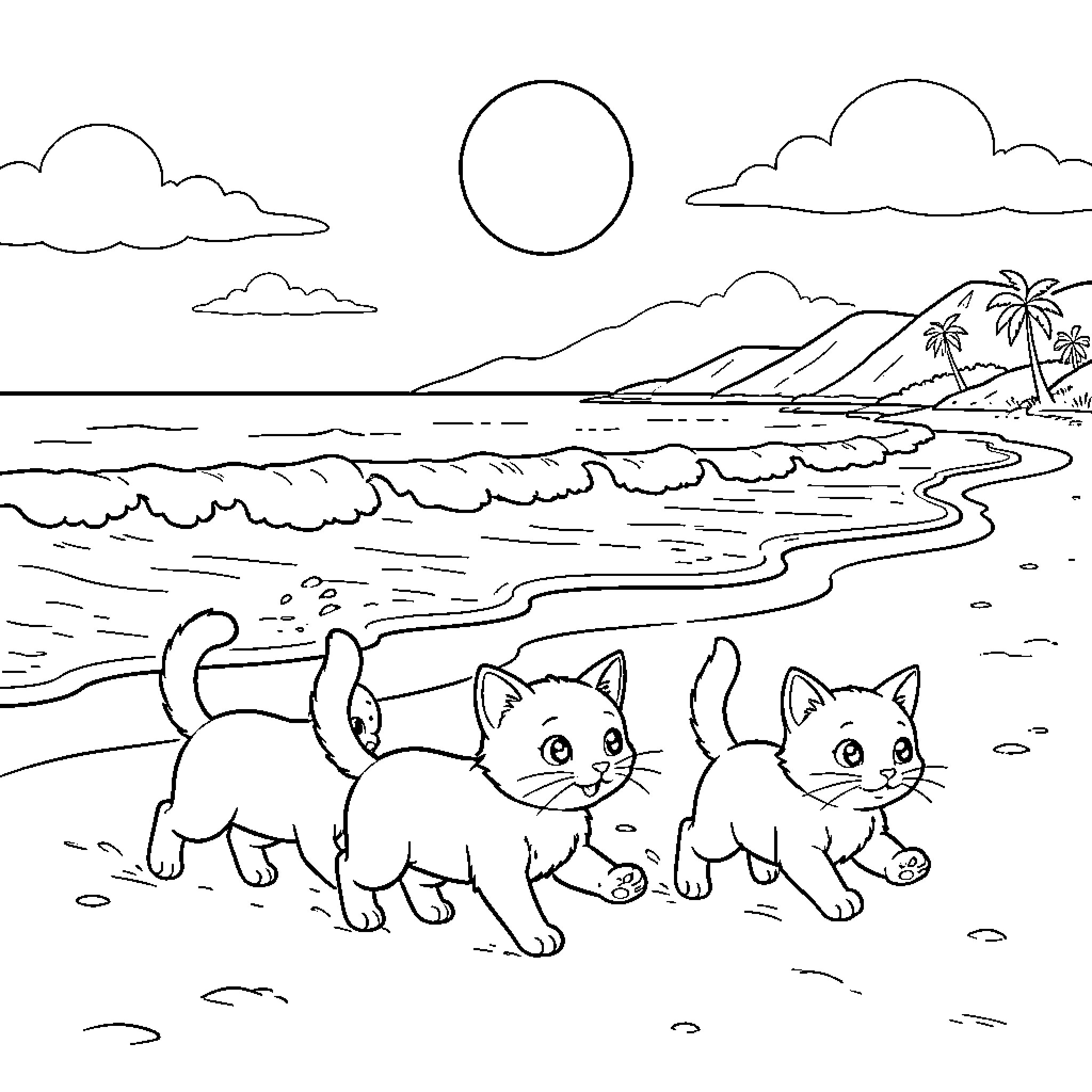 Kittens exploring the beach Coloring Page (free black-and-white line drawing printable PDF for all, from beginners to advanced learners, including children, teens, adults, and seniors)