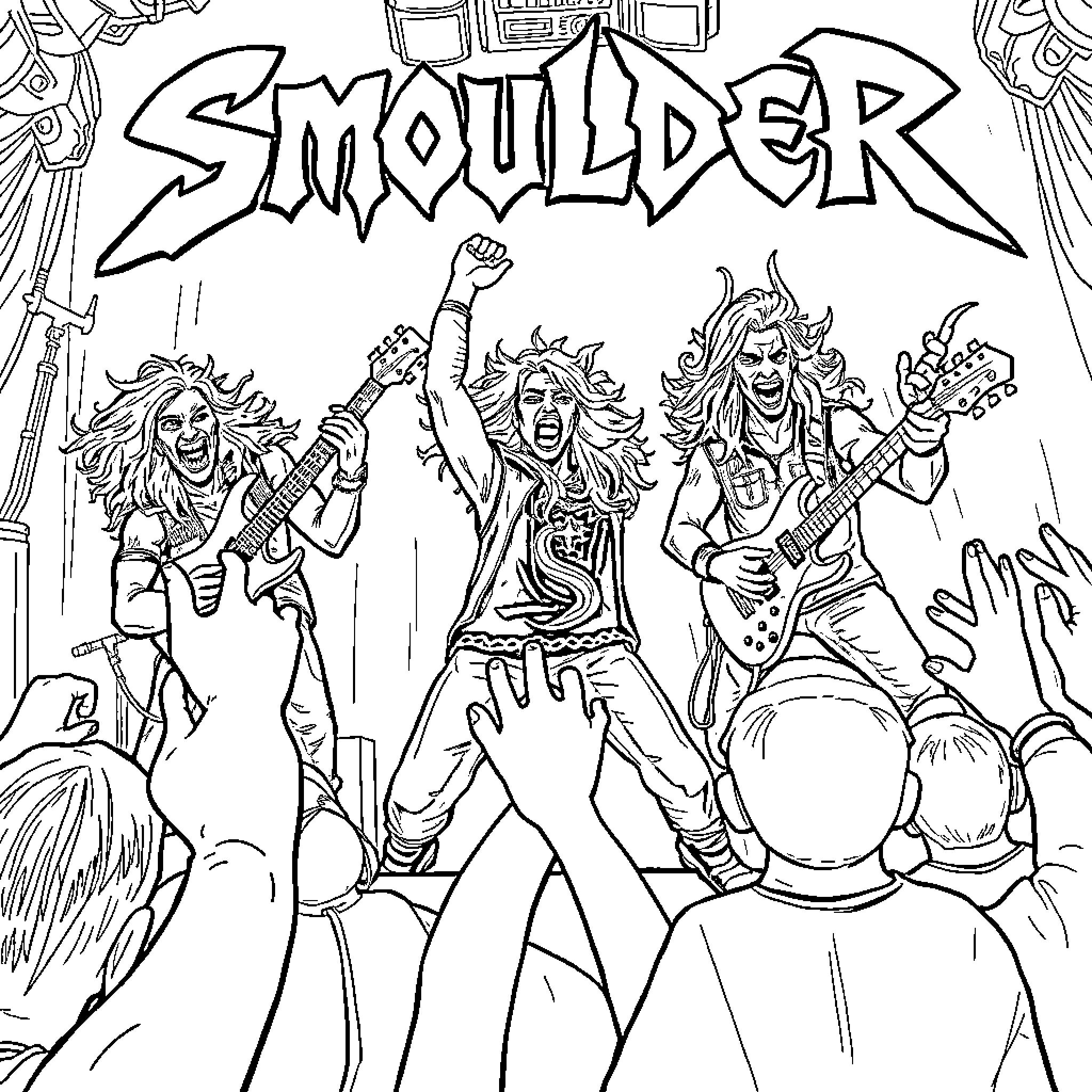 Smoulder: Rocking Performance with Passionate Energy Coloring Page (free black-and-white line drawing printable PDF for all, from beginners to advanced learners, including children, teens, adults, and seniors)