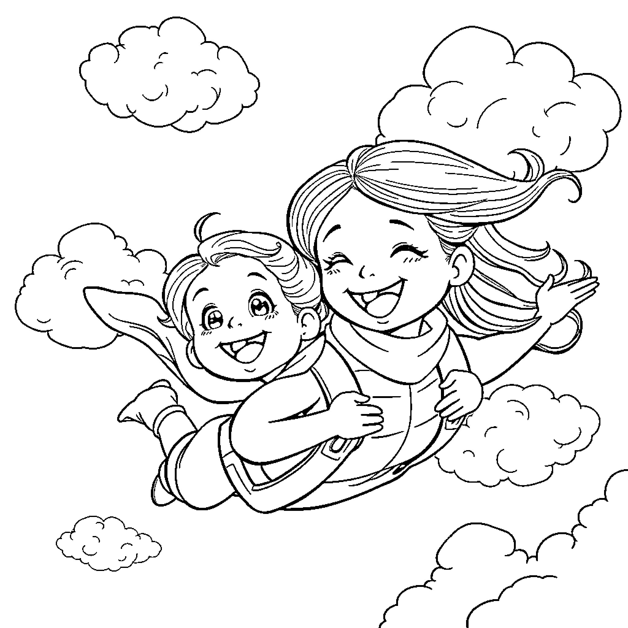 Child playing in the clouds with friend Coloring Page (free black-and-white line drawing printable PDF for all, from beginners to advanced learners, including children, teens, adults, and seniors)