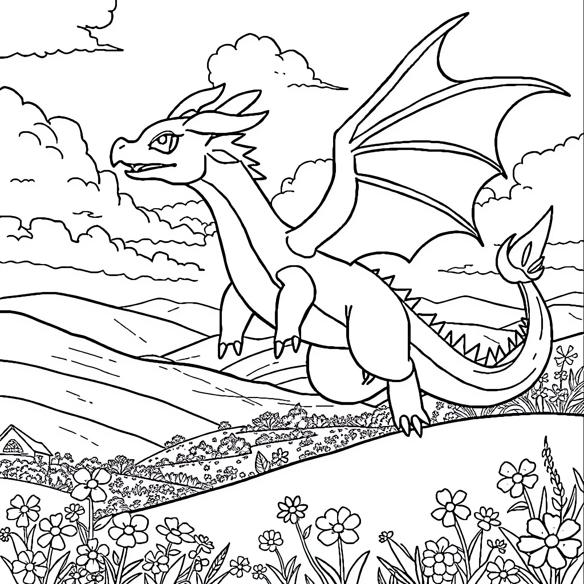 Dragon soaring through the cloudy skies Coloring Page (free black-and-white line drawing printable PDF for all, from beginners to advanced learners, including children, teens, adults, and seniors)