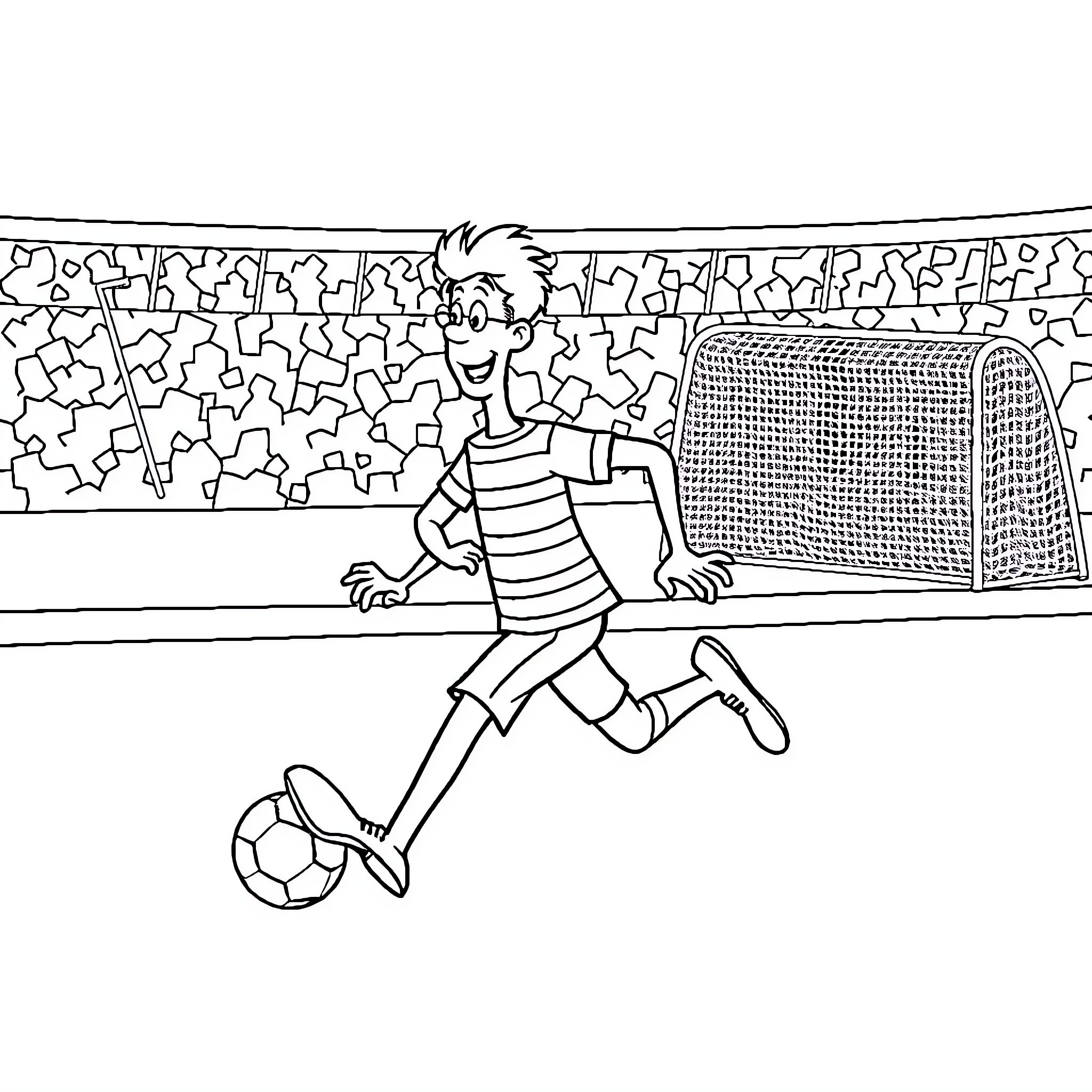 Waldo playing soccer on the field Coloring Page (free black-and-white line drawing printable PDF for all, from beginners to advanced learners, including children, teens, adults, and seniors)