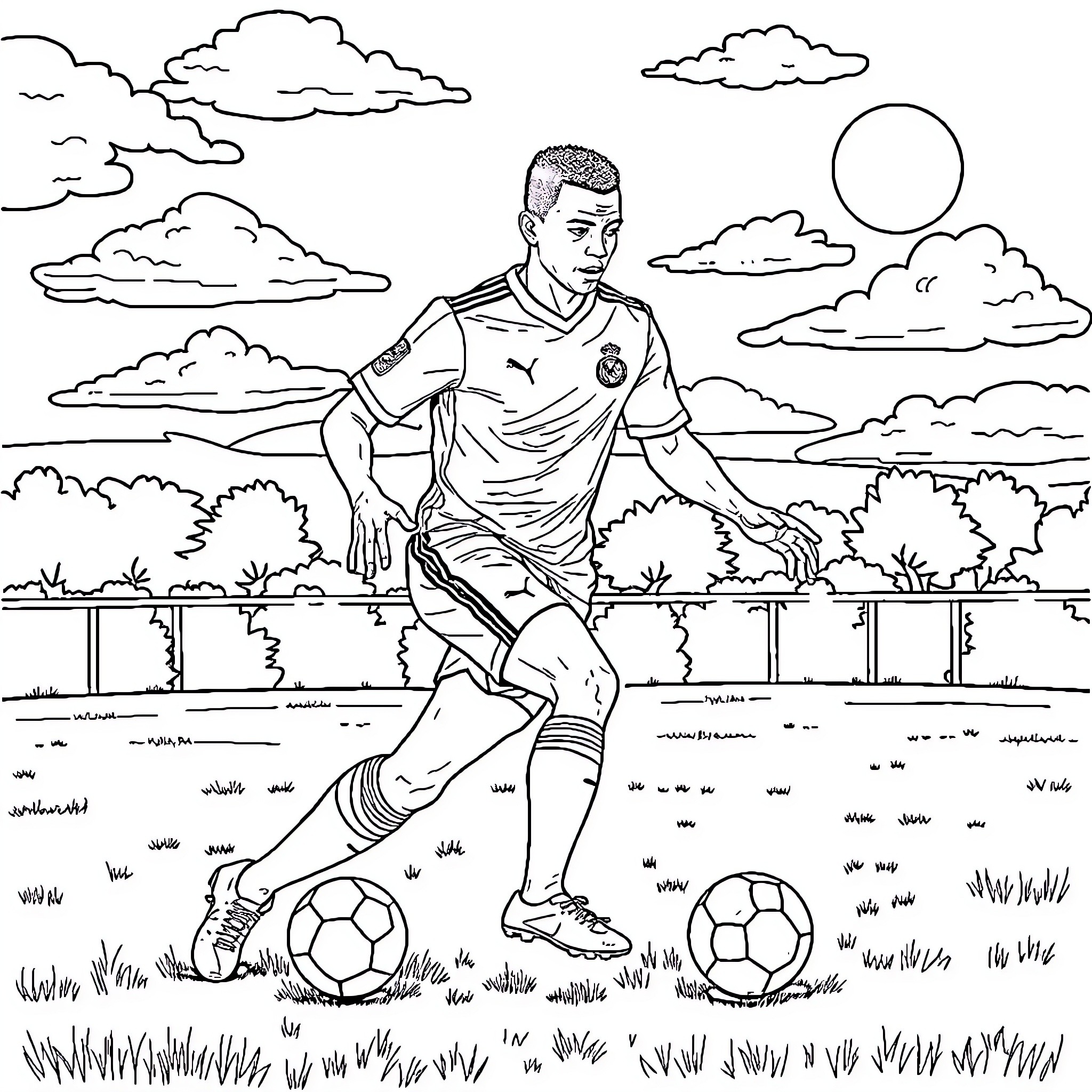 Kylian Mbappe in action on the soccer field Coloring Page (free black-and-white line drawing printable PDF for all, from beginners to advanced learners, including children, teens, adults, and seniors)