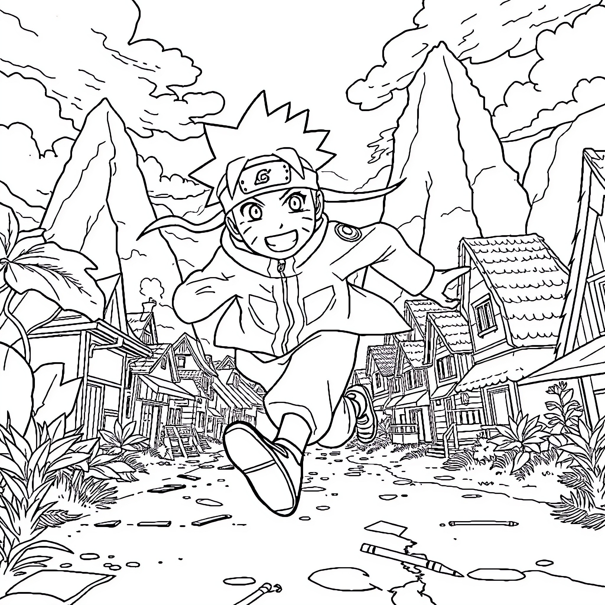 Naruto running through the village with excitement Coloring Page (free black-and-white line drawing printable PDF for all, from beginners to advanced learners, including children, teens, adults, and seniors)