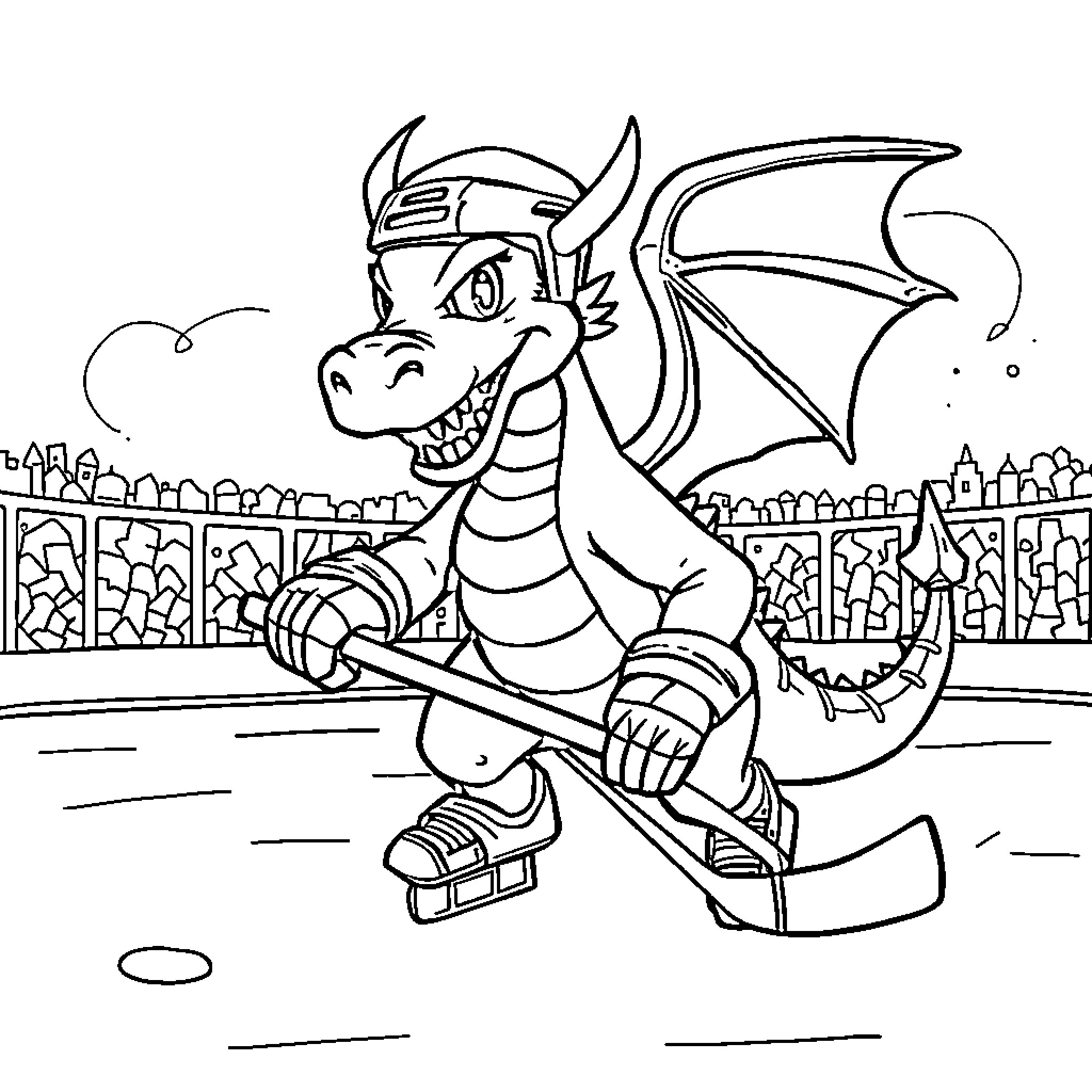Dragon playing hockey on the ice rink Coloring Page (free black-and-white line drawing printable PDF for all, from beginners to advanced learners, including children, teens, adults, and seniors)