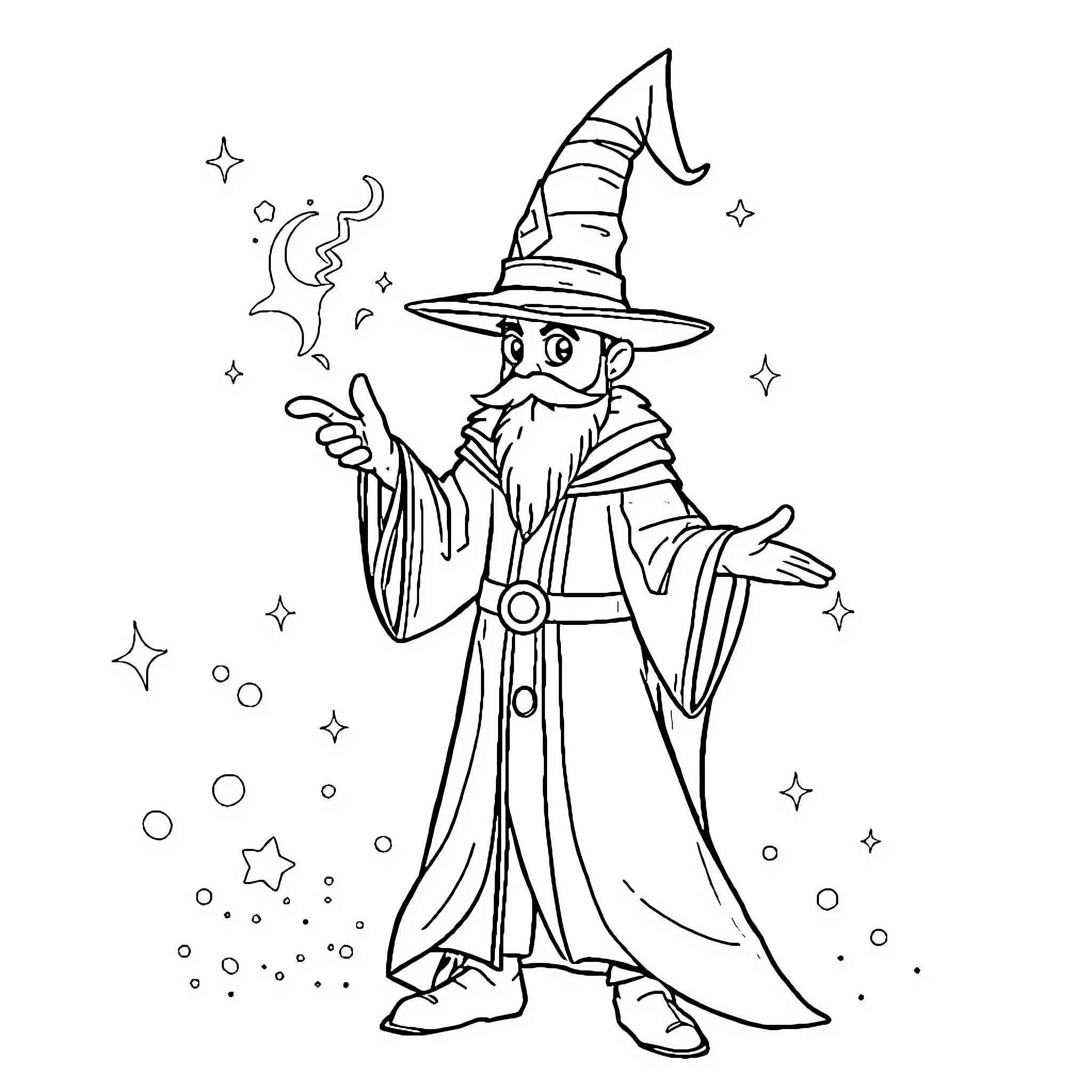Magician performing magical tricks with enchanting accessories Coloring Page (free black-and-white line drawing printable PDF for all, from beginners to advanced learners, including children, teens, adults, and seniors)