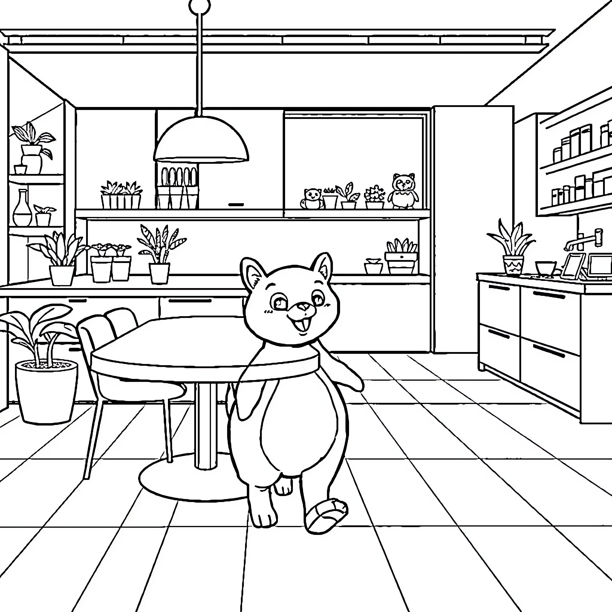 Mascota enjoying the cozy kitchen environment Coloring Page (free black-and-white line drawing printable PDF for all, from beginners to advanced learners, including children, teens, adults, and seniors)