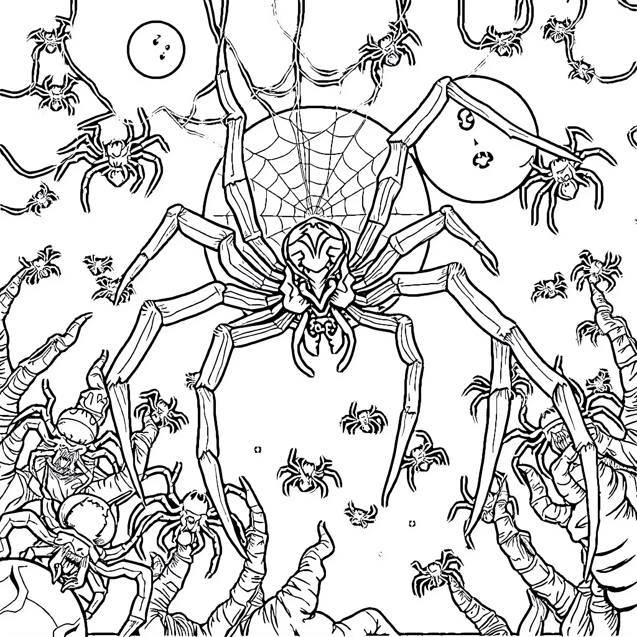 Spider-themed Halloween scene with web and spiders Coloring Page (free black-and-white line drawing printable PDF for all, from beginners to advanced learners, including children, teens, adults, and seniors)