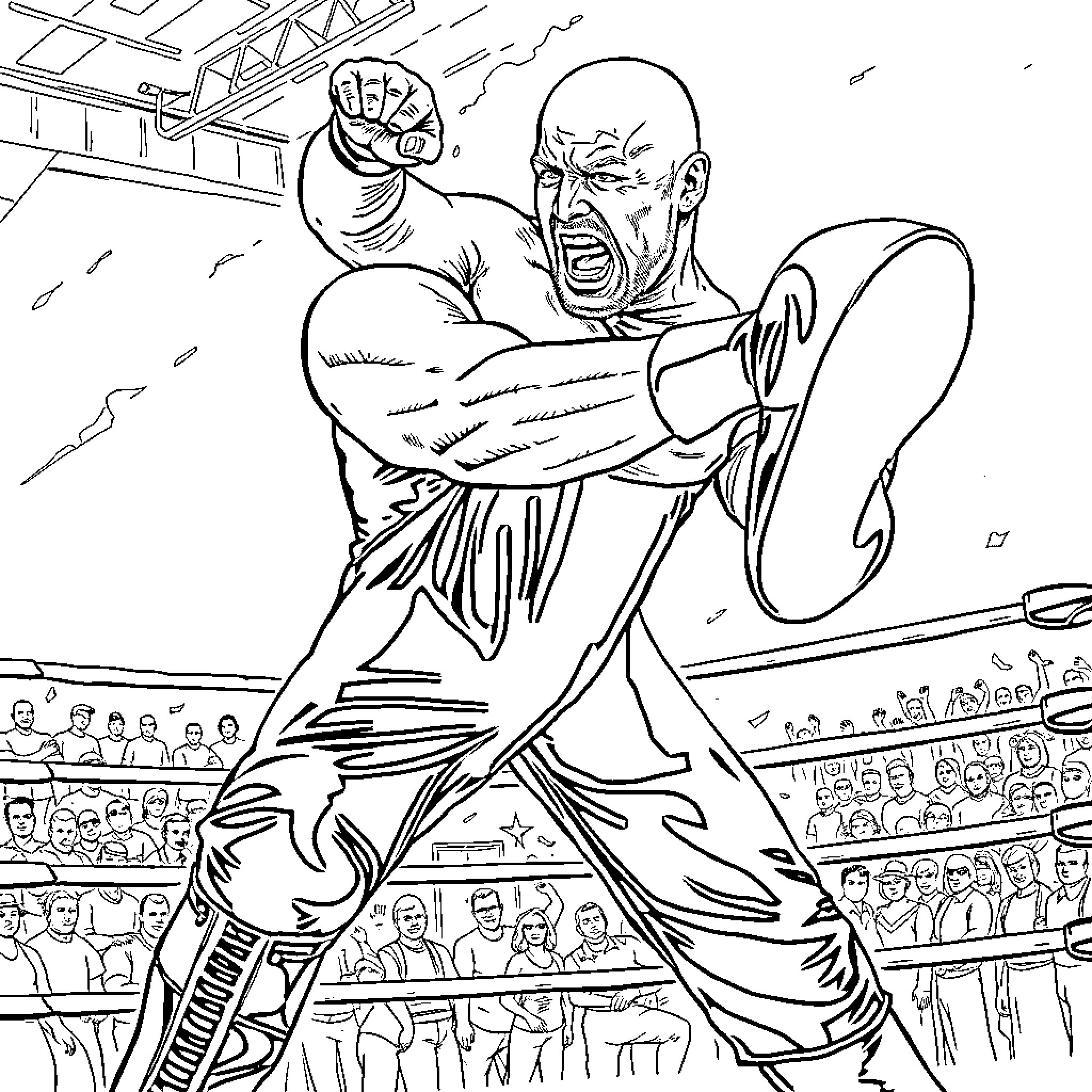 Stone Cold Steve Austin Wrestling Intensely in the Ring Coloring Page (free black-and-white line drawing printable PDF for all, from beginners to advanced learners, including children, teens, adults, and seniors)