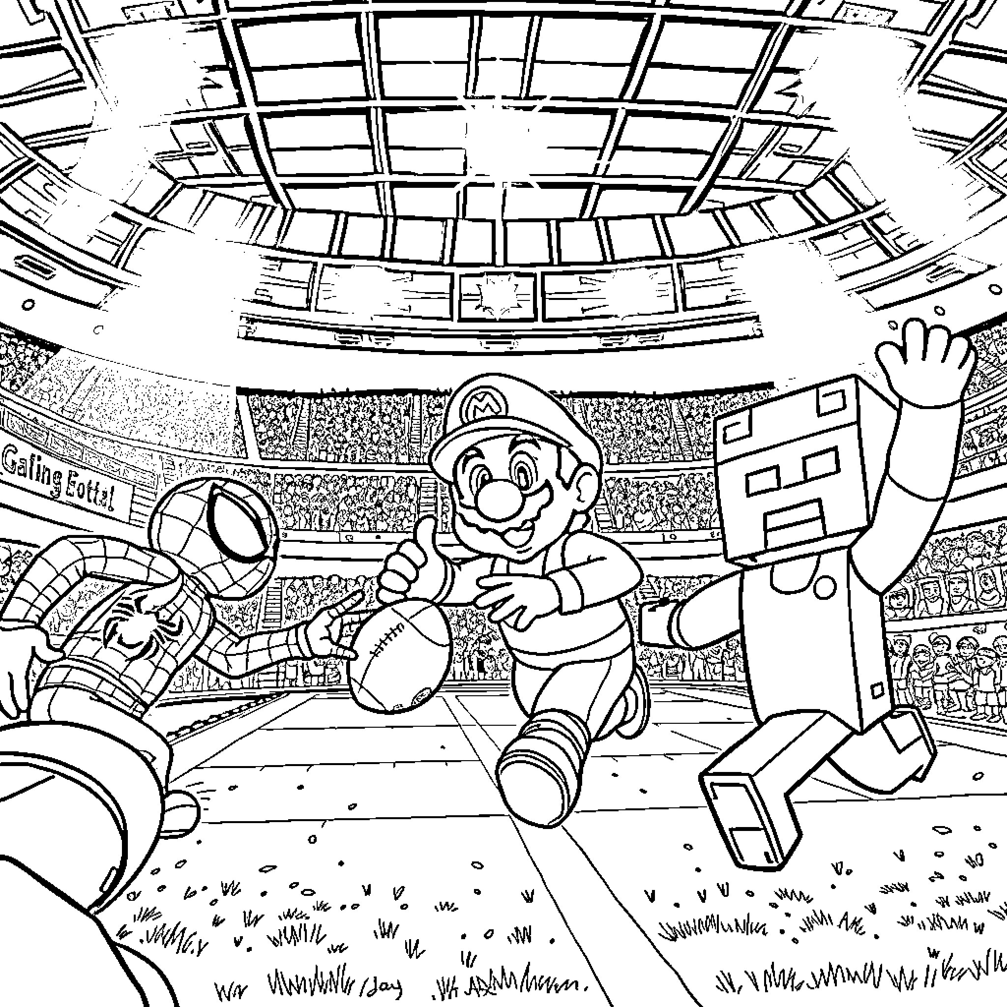 Spider-Man and Mario in a Superhero Stadium Showdown Coloring Page (free black-and-white line drawing printable PDF for all, from beginners to advanced learners, including children, teens, adults, and seniors)