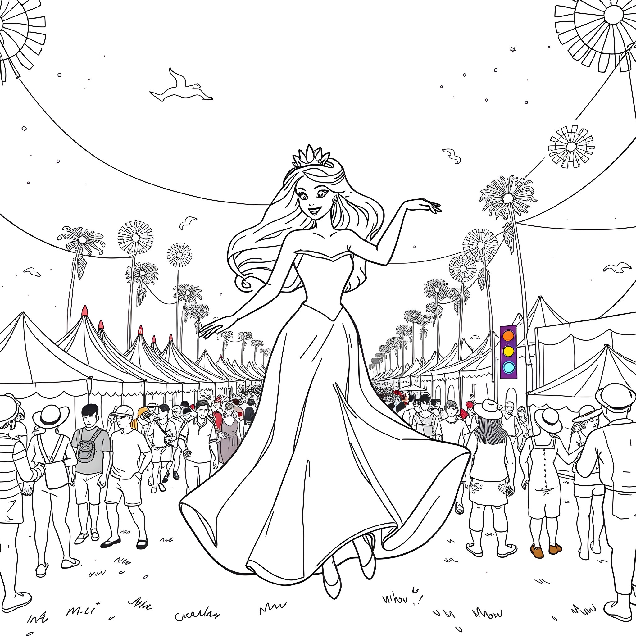 Disney Princess in a Vibrant Festival Celebration Coloring Page (free black-and-white line drawing printable PDF for all, from beginners to advanced learners, including children, teens, adults, and seniors)