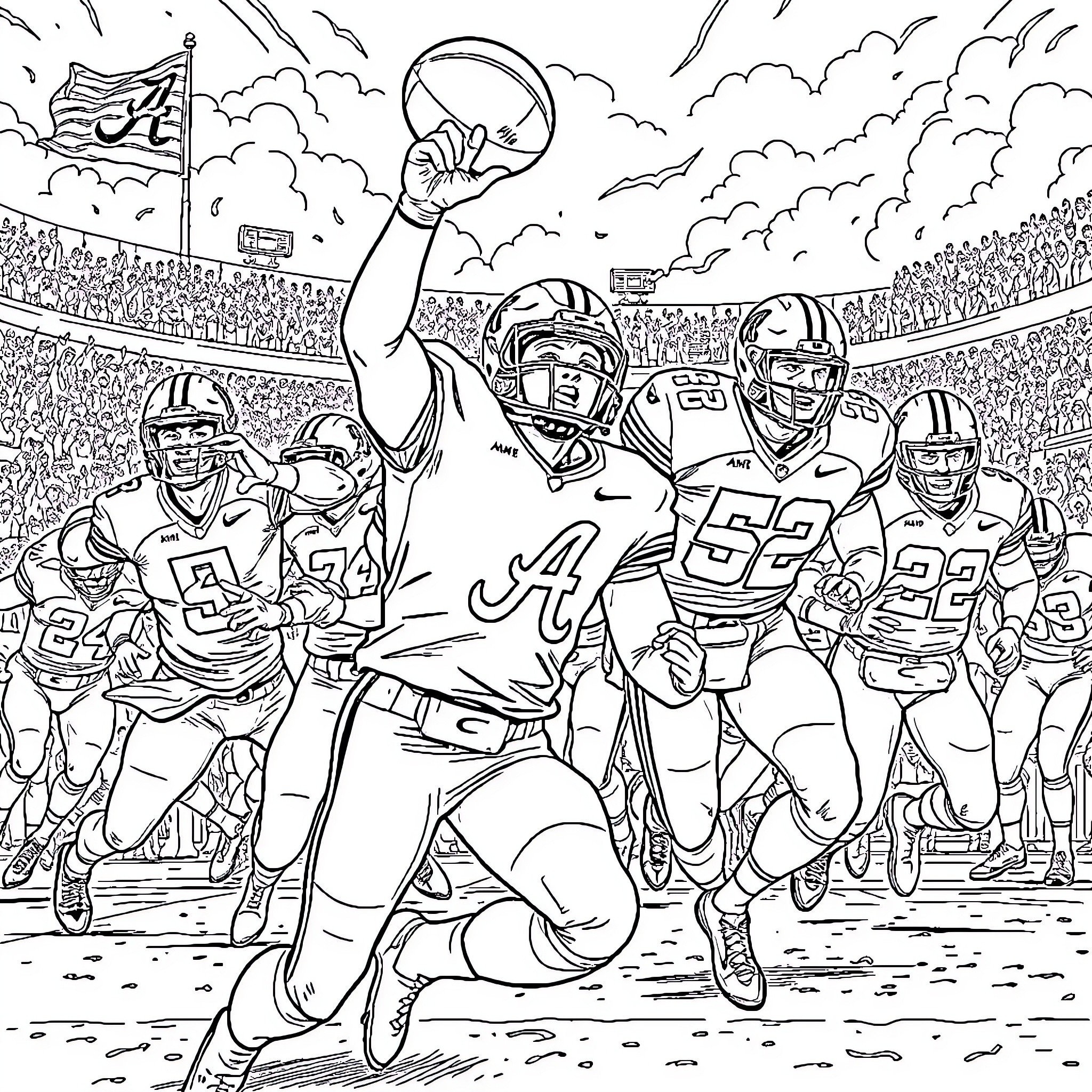 Alabama Football Players Celebrating Victory on the Field Coloring Page (free black-and-white line drawing printable PDF for all, from beginners to advanced learners, including children, teens, adults, and seniors)