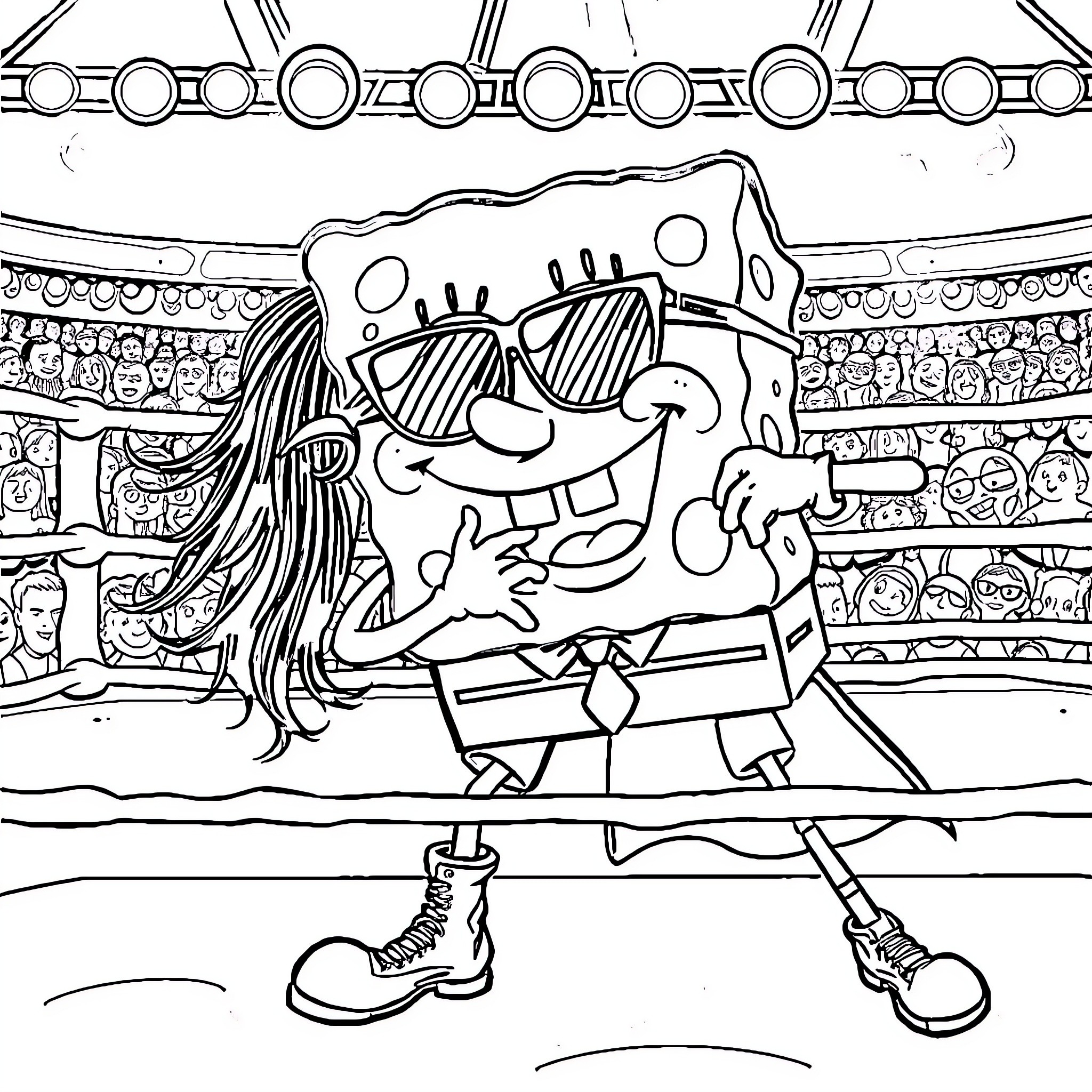 Spongebob's Silly Antics in the Spotlight Coloring Page (free black-and-white line drawing printable PDF for all, from beginners to advanced learners, including children, teens, adults, and seniors)