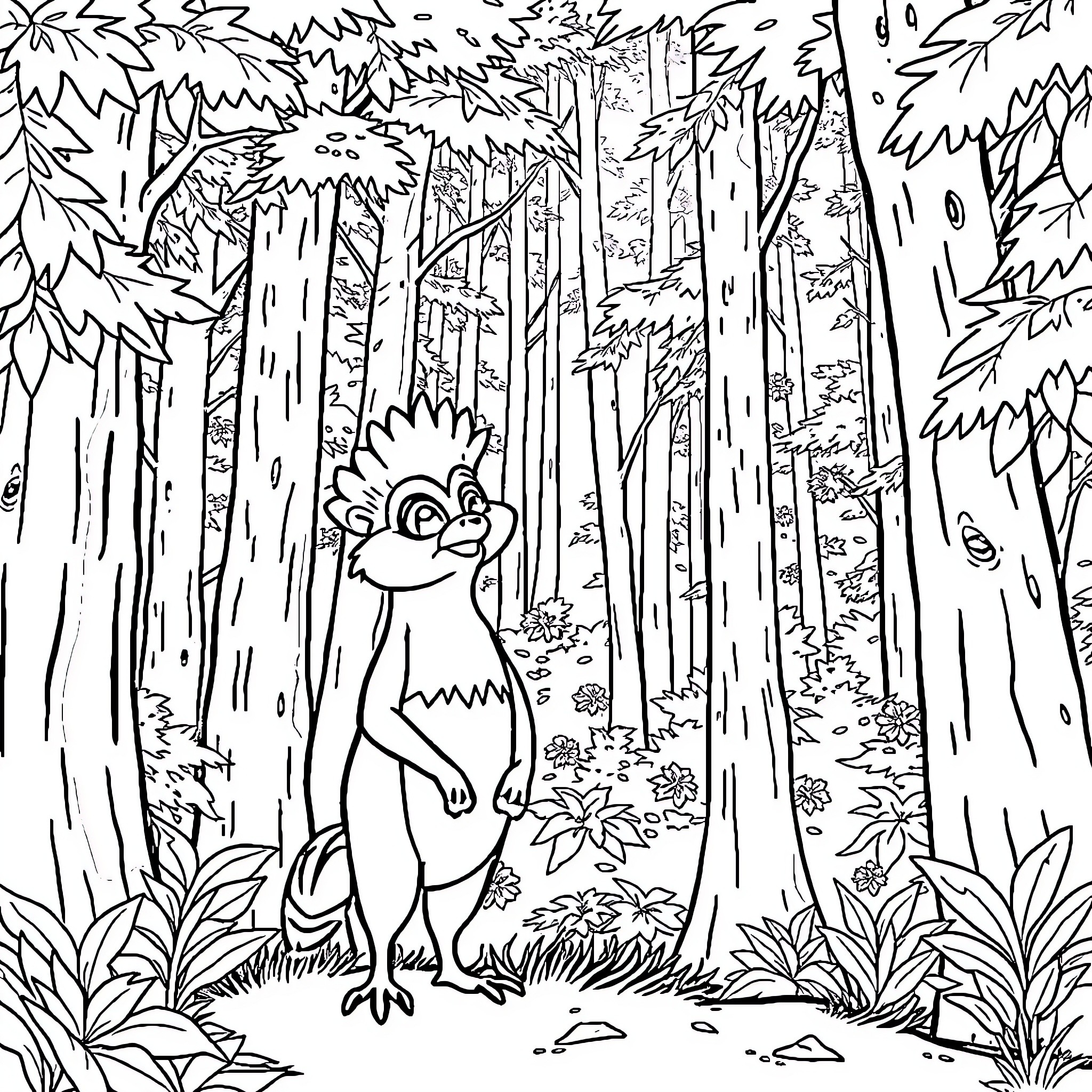 Olocoons exploring the whimsical forest Coloring Page (free black-and-white line drawing printable PDF for all, from beginners to advanced learners, including children, teens, adults, and seniors)