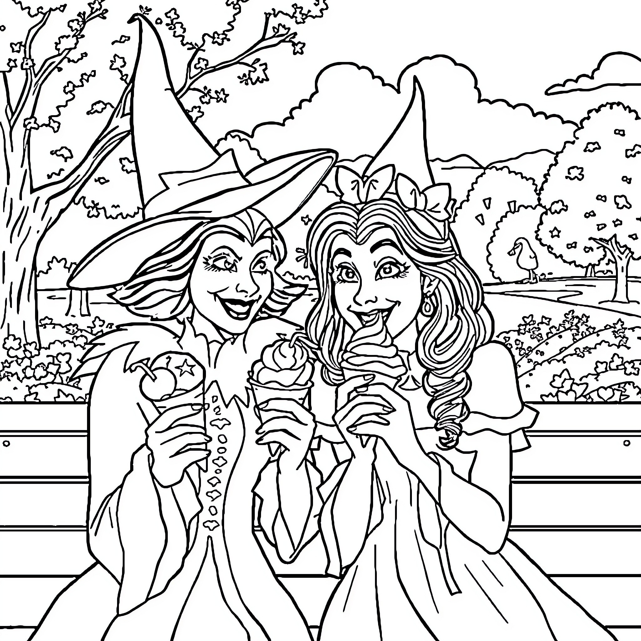 Wicked Witches Embracing with Delight Coloring Page (free black-and-white line drawing printable PDF for all, from beginners to advanced learners, including children, teens, adults, and seniors)