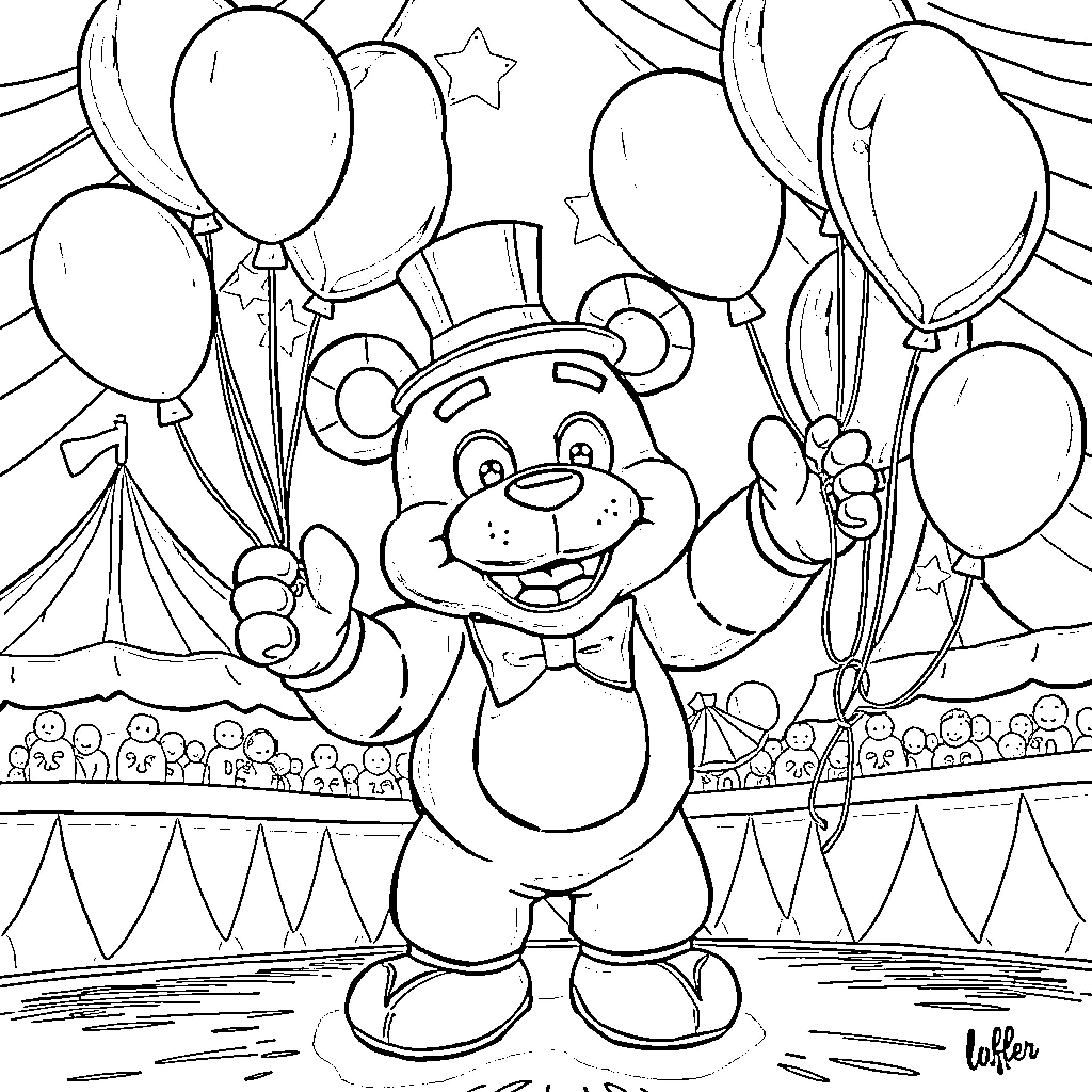 Freddy the Happy Bear at the Carnival Coloring Page (free black-and-white line drawing printable PDF for all, from beginners to advanced learners, including children, teens, adults, and seniors)