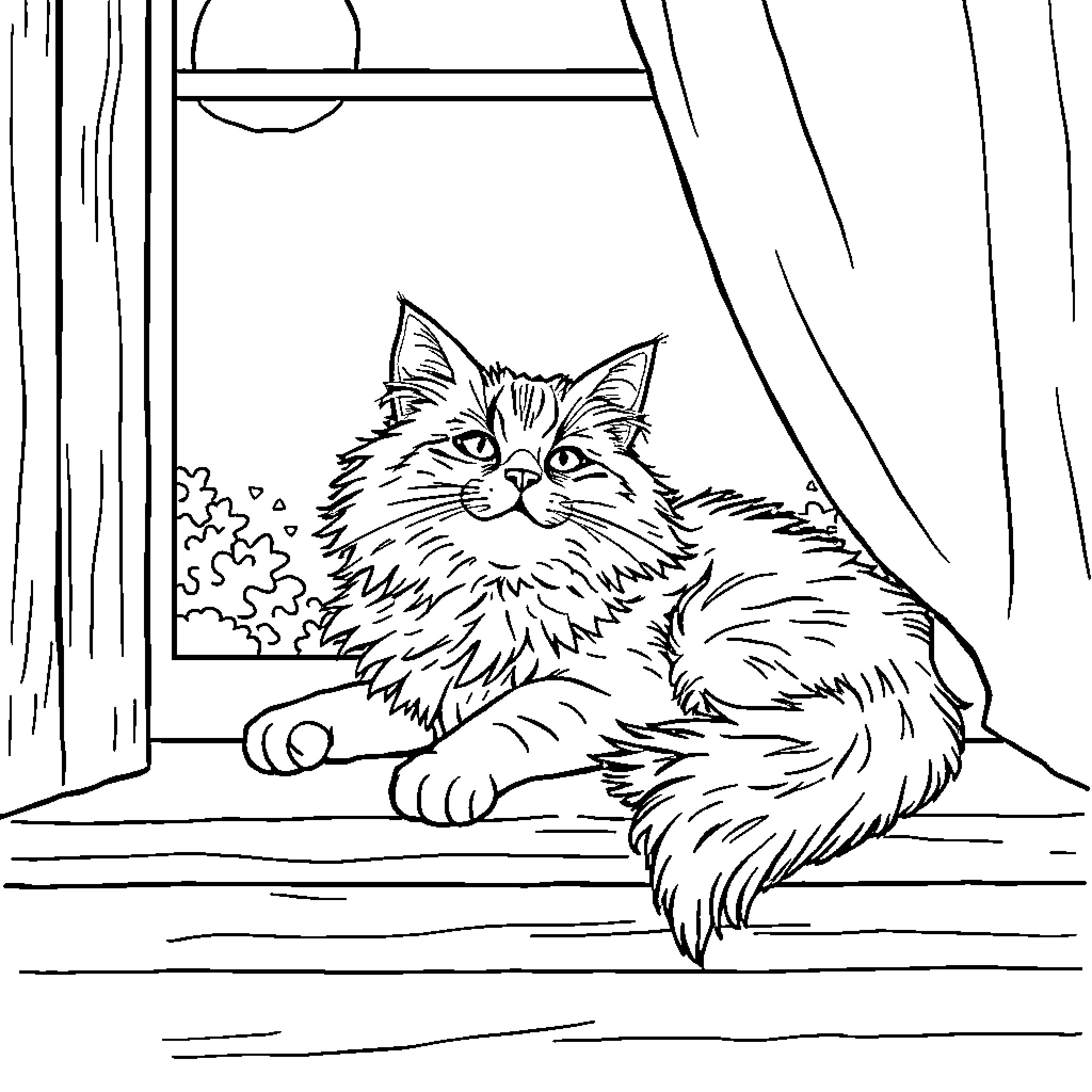 Cat resting peacefully by the window Coloring Page (free black-and-white line drawing printable PDF for all, from beginners to advanced learners, including children, teens, adults, and seniors)