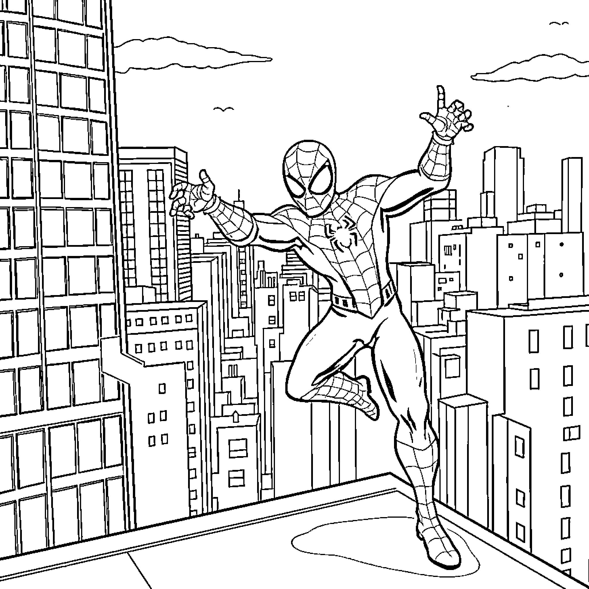 Spider-Man swinging through the city skyline Coloring Page (free black-and-white line drawing printable PDF for all, from beginners to advanced learners, including children, teens, adults, and seniors)