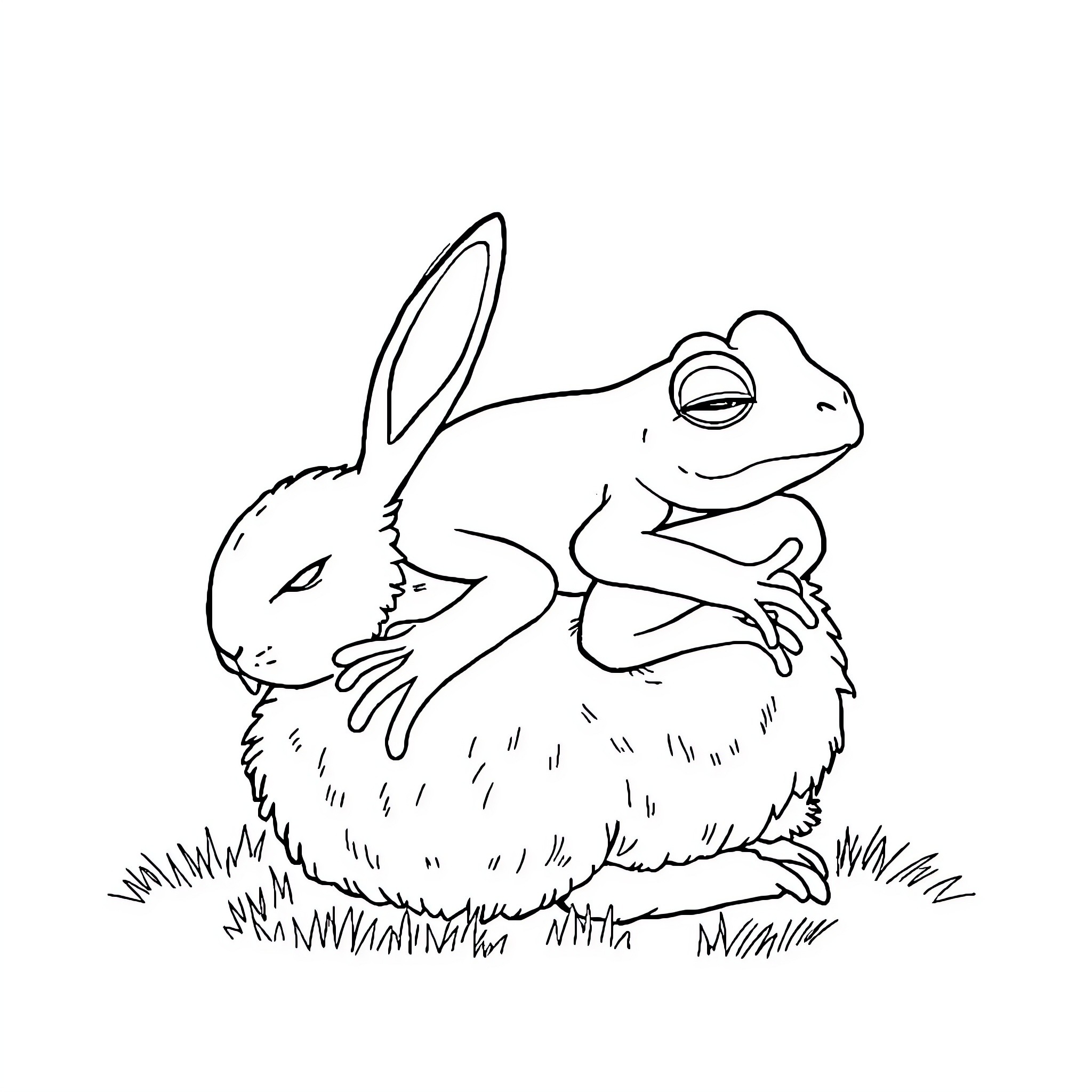 Frog resting on a furry creature Coloring Page (free black-and-white line drawing printable PDF for all, from beginners to advanced learners, including children, teens, adults, and seniors)