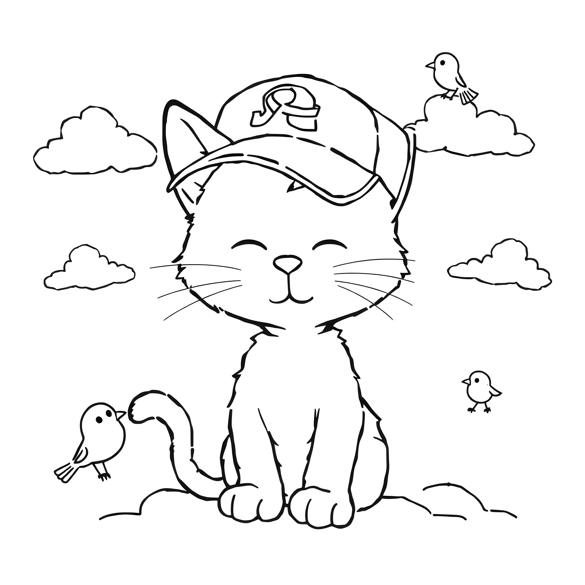 Cat wearing a cap playing with birds Coloring Page (free black-and-white line drawing printable PDF for all, from beginners to advanced learners, including children, teens, adults, and seniors)