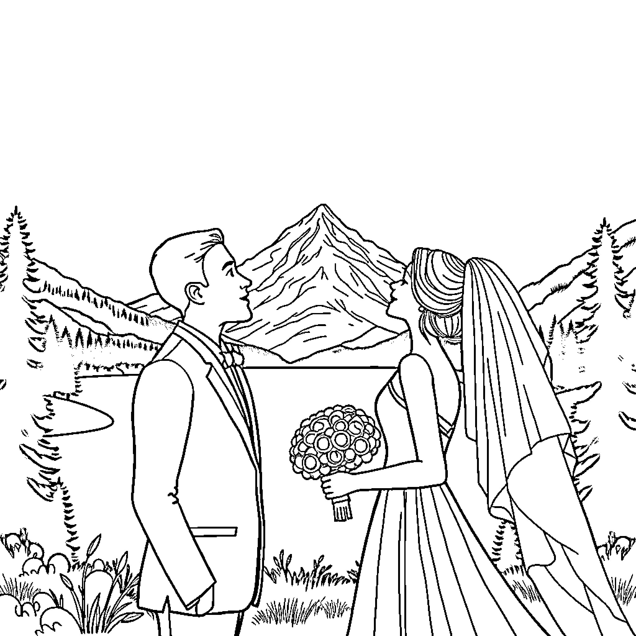 Bride and Groom in Mountain Landscape Coloring Page (free black-and-white line drawing printable PDF for all, from beginners to advanced learners, including children, teens, adults, and seniors)