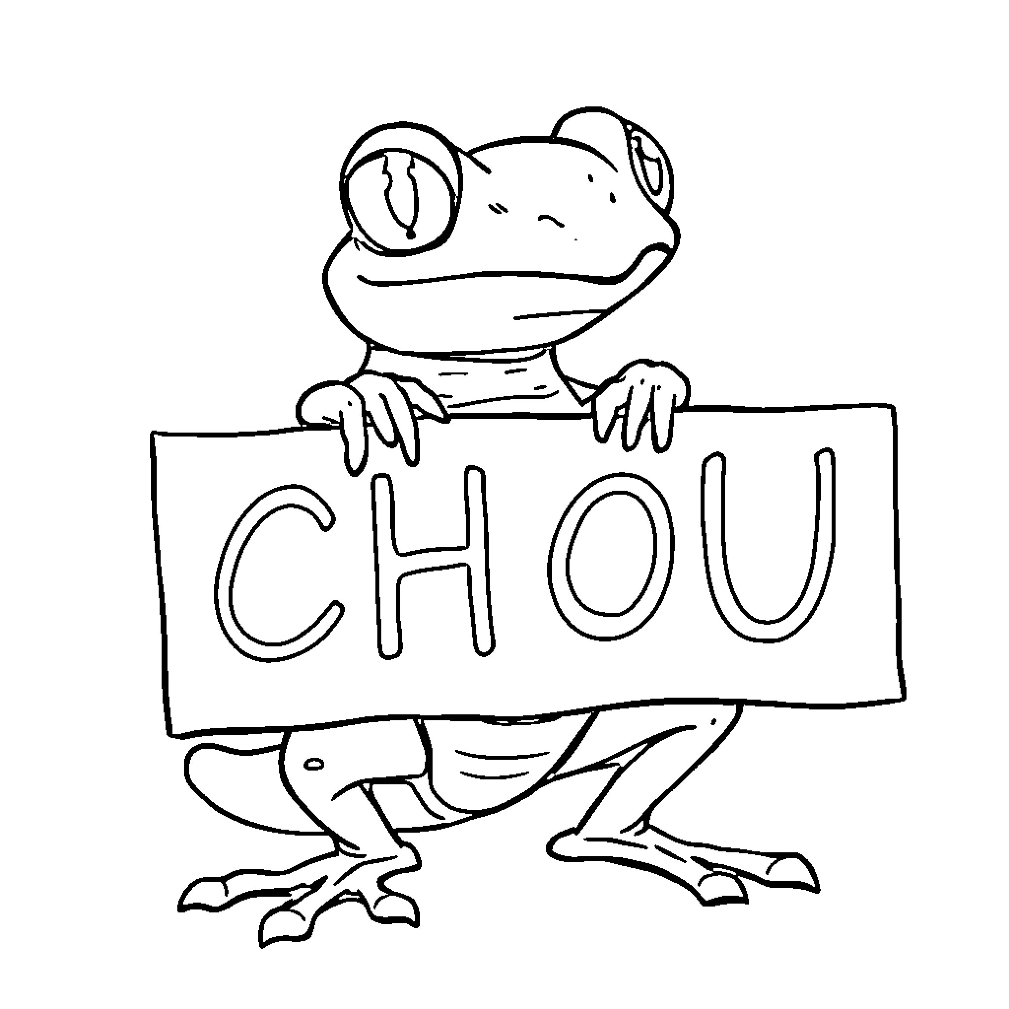 Frog holding 'Chou' sign Coloring Page (free black-and-white line drawing printable PDF for all, from beginners to advanced learners, including children, teens, adults, and seniors)