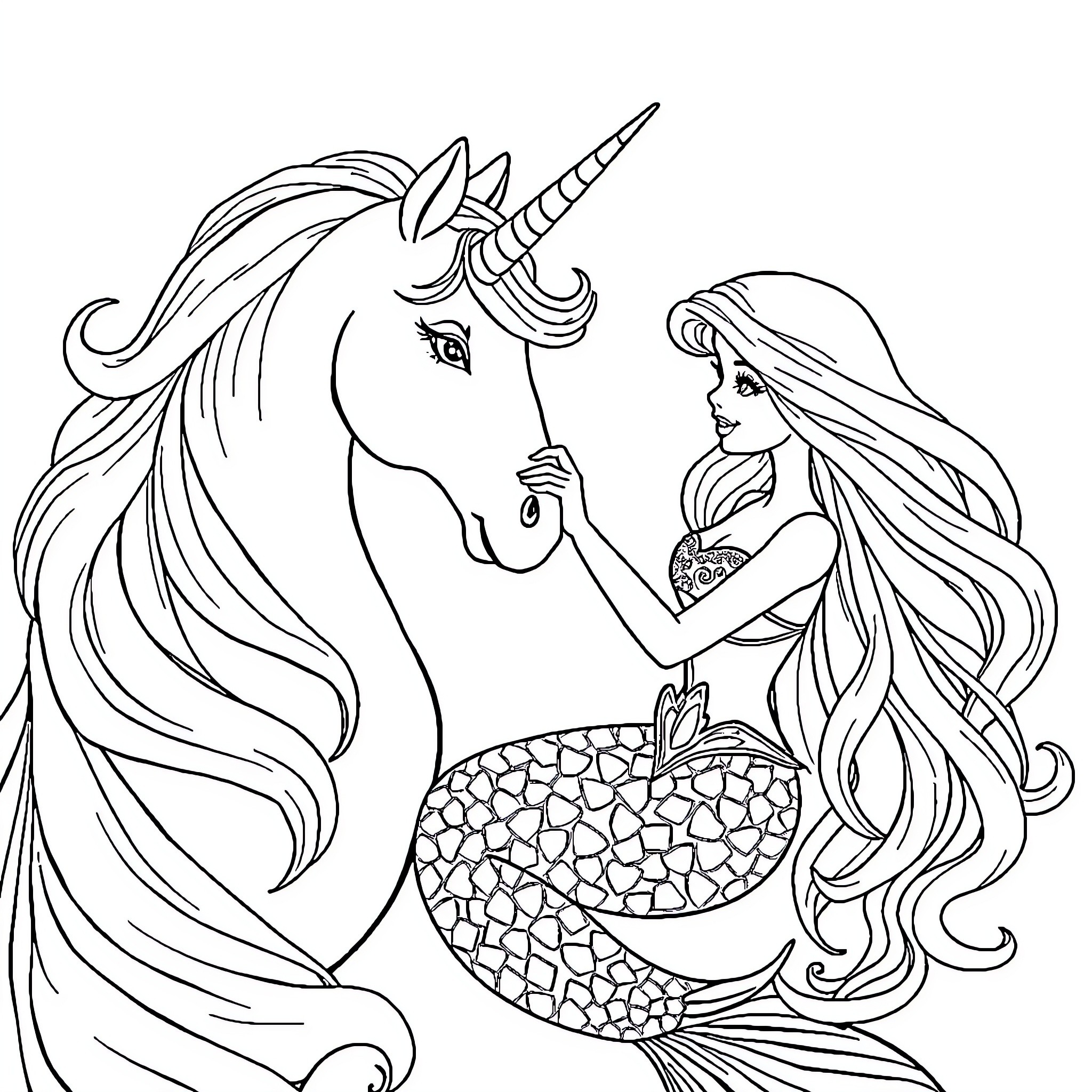 Barbie Mermaid and Unicorn playing together Coloring Page (free black-and-white line drawing printable PDF for all, from beginners to advanced learners, including children, teens, adults, and seniors)