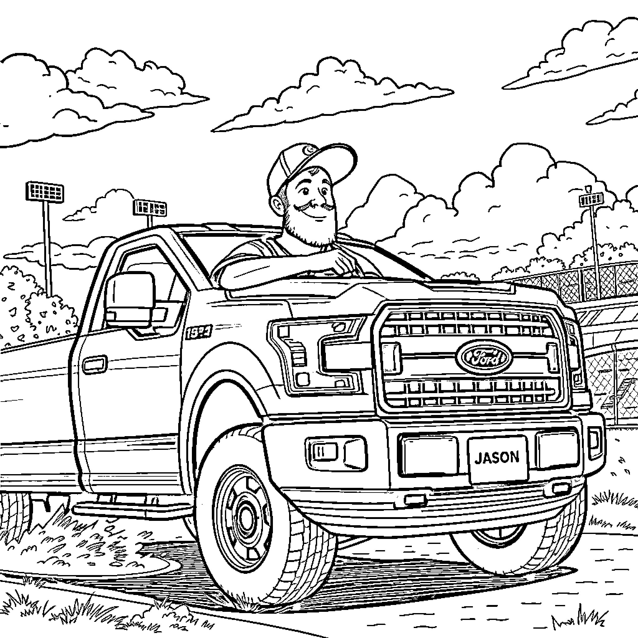 Jason driving his pickup truck on the road Coloring Page (free black-and-white line drawing printable PDF for all, from beginners to advanced learners, including children, teens, adults, and seniors)