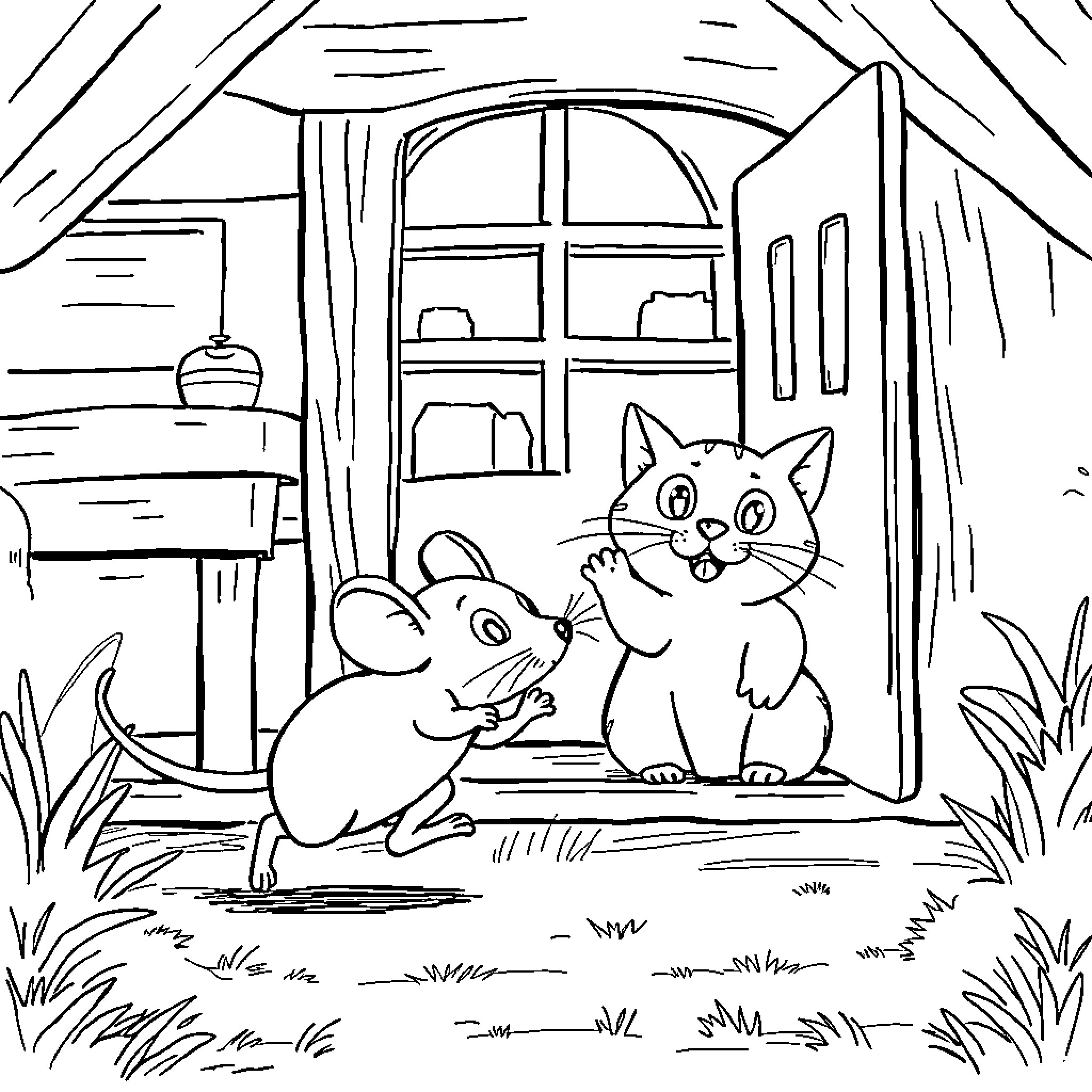 Mouse and cat interacting playfully near a cottage Coloring Page (free black-and-white line drawing printable PDF for all, from beginners to advanced learners, including children, teens, adults, and seniors)