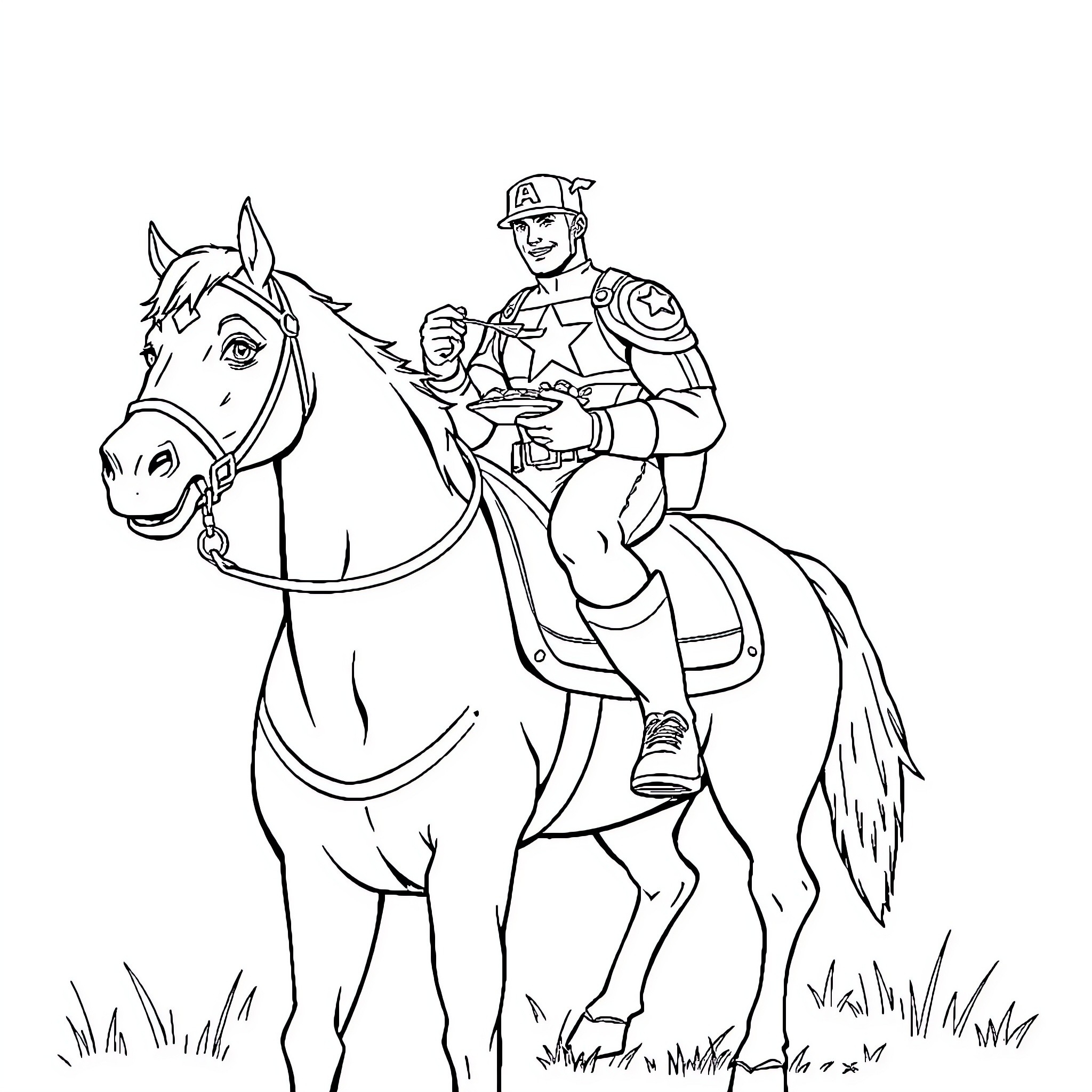Captain America Riding Heroically on Horseback Coloring Page (free black-and-white line drawing printable PDF for all, from beginners to advanced learners, including children, teens, adults, and seniors)