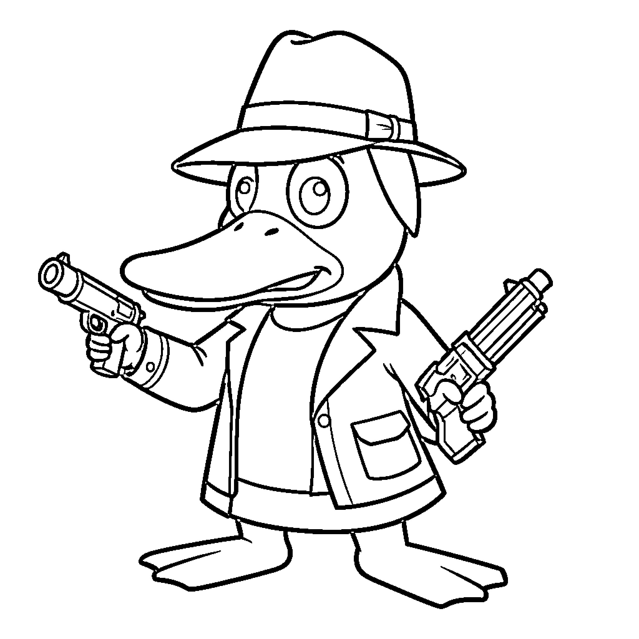 Perry dressed as a detective holding two pistols Coloring Page (free black-and-white line drawing printable PDF for all, from beginners to advanced learners, including children, teens, adults, and seniors)