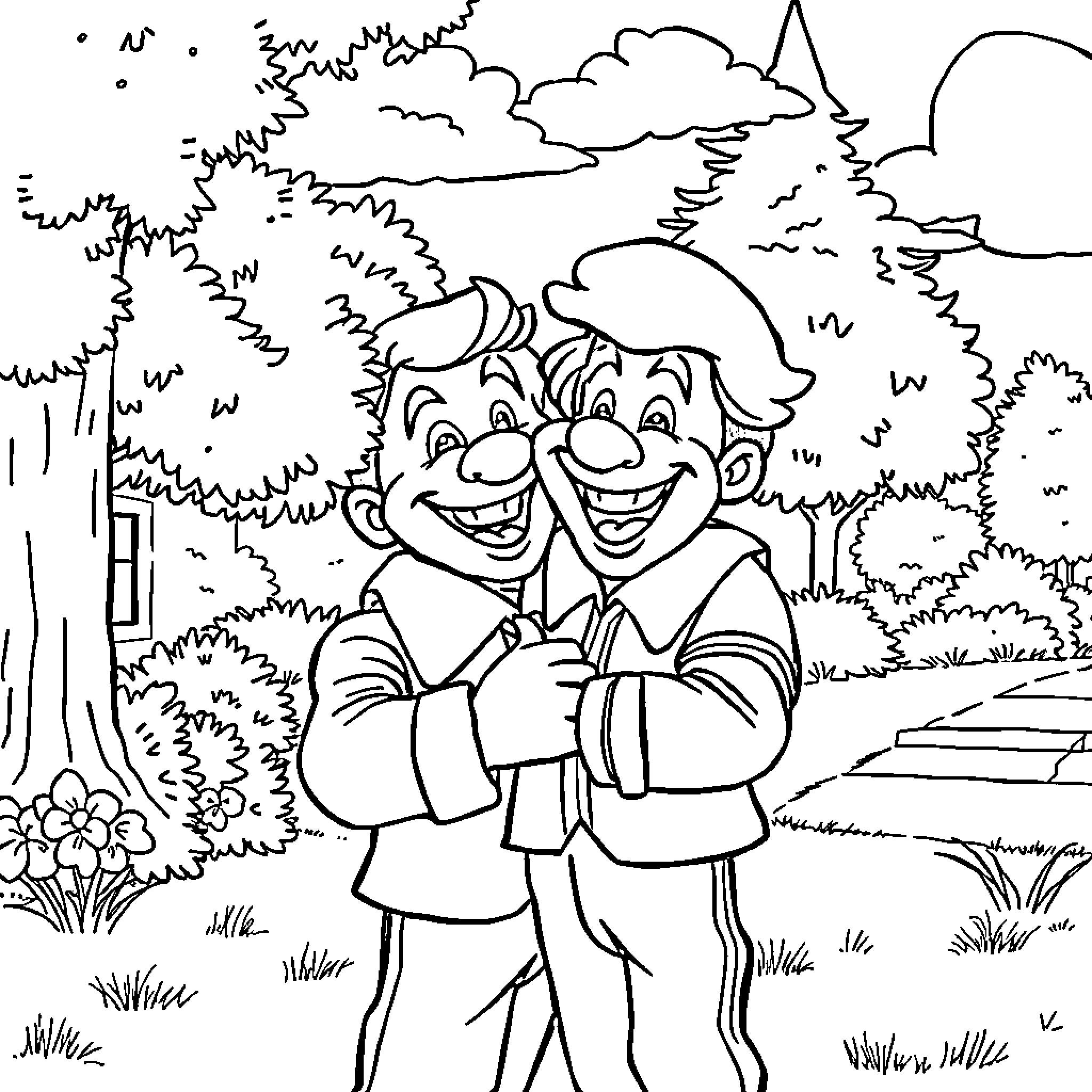 Grimace of Friendship in the Forest Coloring Page (free black-and-white line drawing printable PDF for all, from beginners to advanced learners, including children, teens, adults, and seniors)