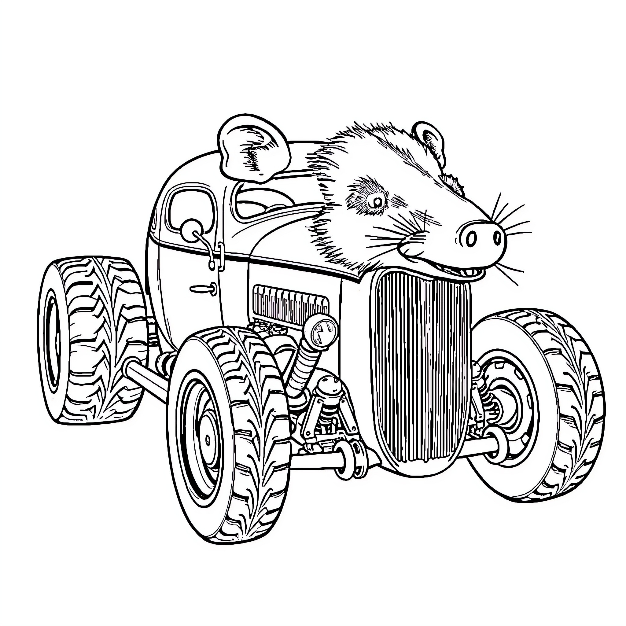 Possum driving a vintage tractor Coloring Page (free black-and-white line drawing printable PDF for all, from beginners to advanced learners, including children, teens, adults, and seniors)
