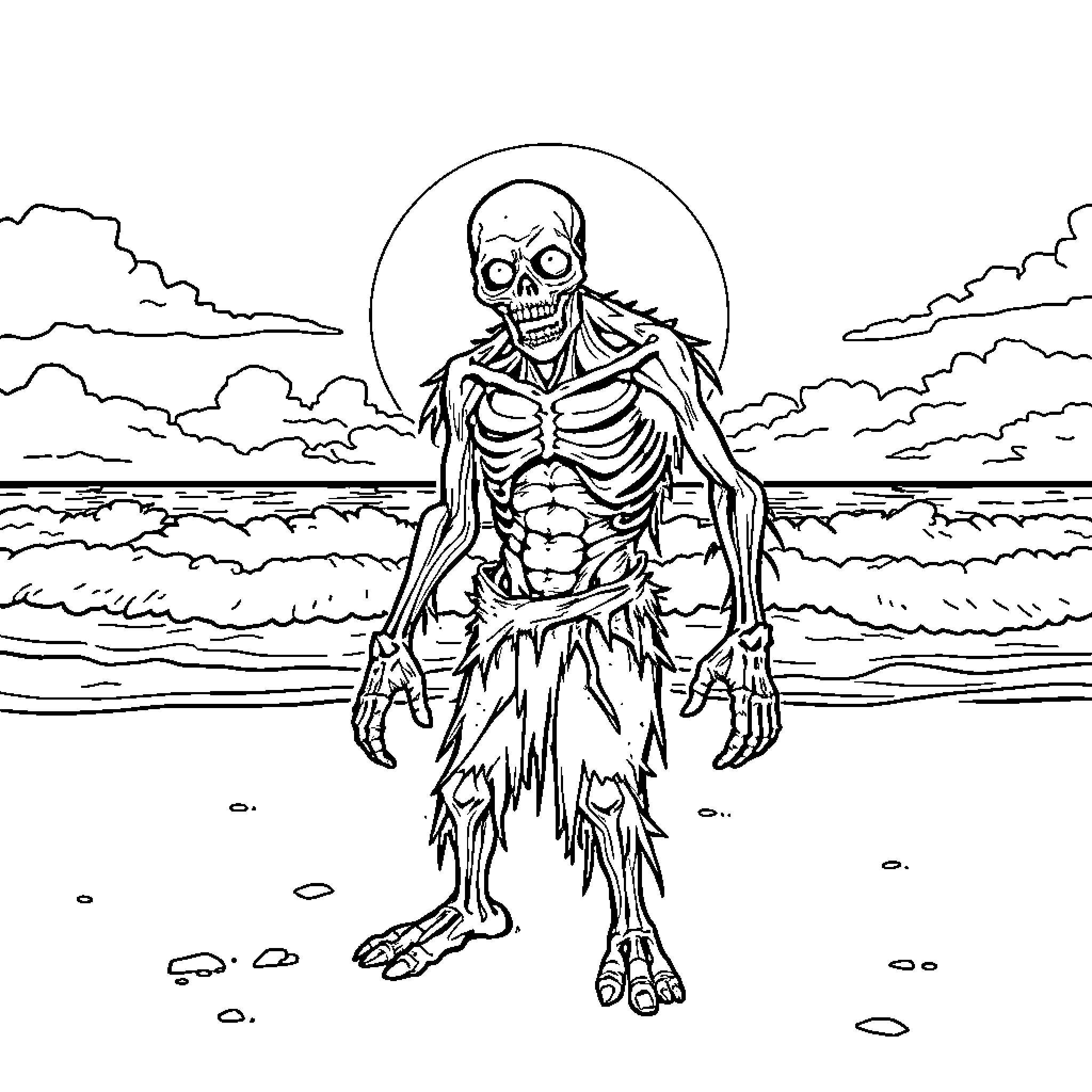 Zombie stalking on the beach under the moonlight Coloring Page (free black-and-white line drawing printable PDF for all, from beginners to advanced learners, including children, teens, adults, and seniors)