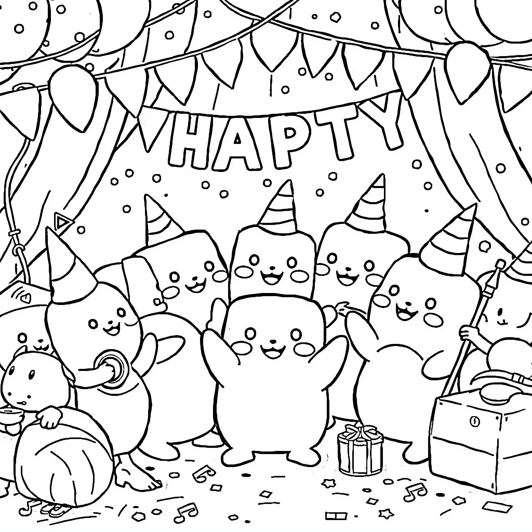 Squashmallow party celebration with joyful characters Coloring Page (free black-and-white line drawing printable PDF for all, from beginners to advanced learners, including children, teens, adults, and seniors)