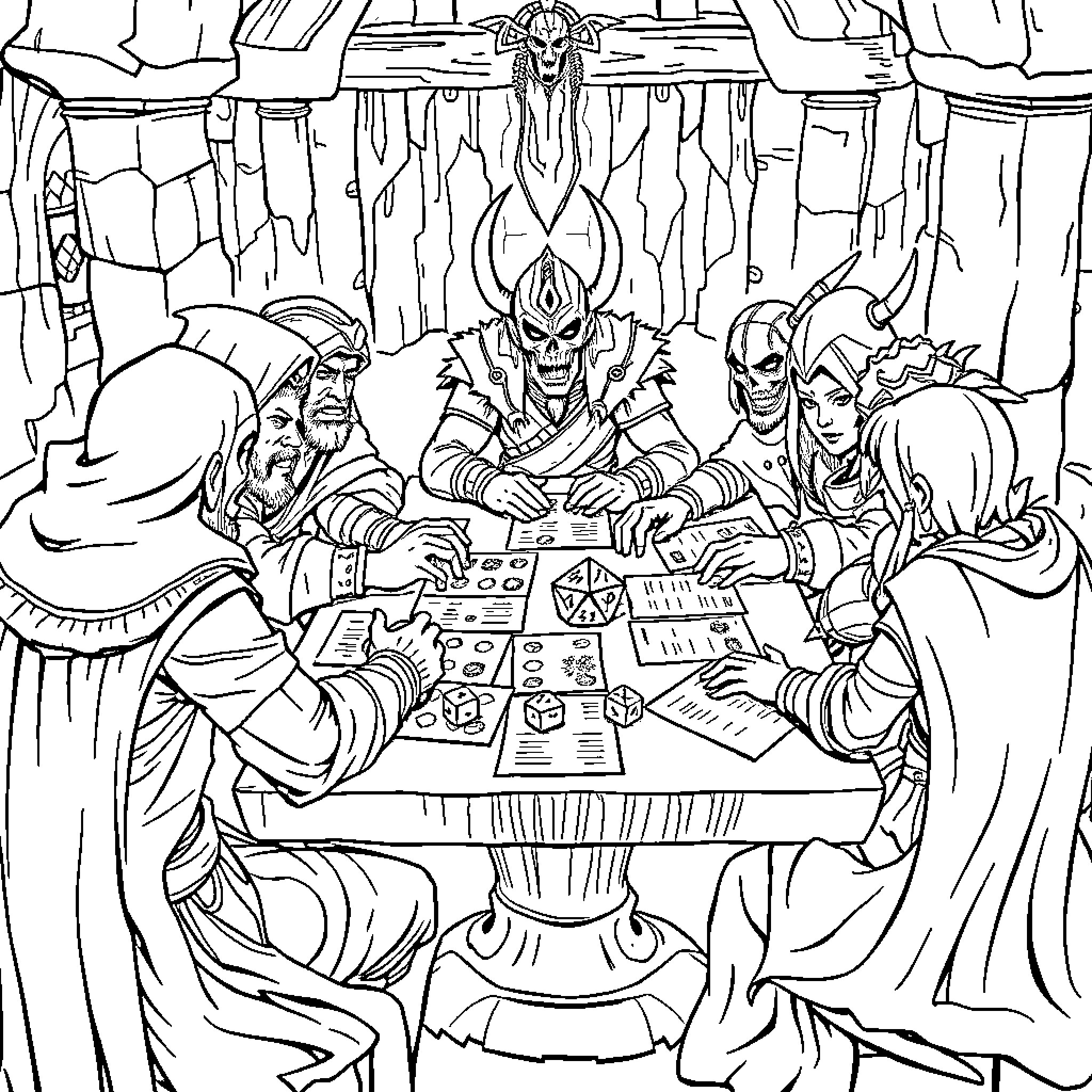 Dungeon and Dragons Characters Playing a Game Coloring Page (free black-and-white line drawing printable PDF for all, from beginners to advanced learners, including children, teens, adults, and seniors)