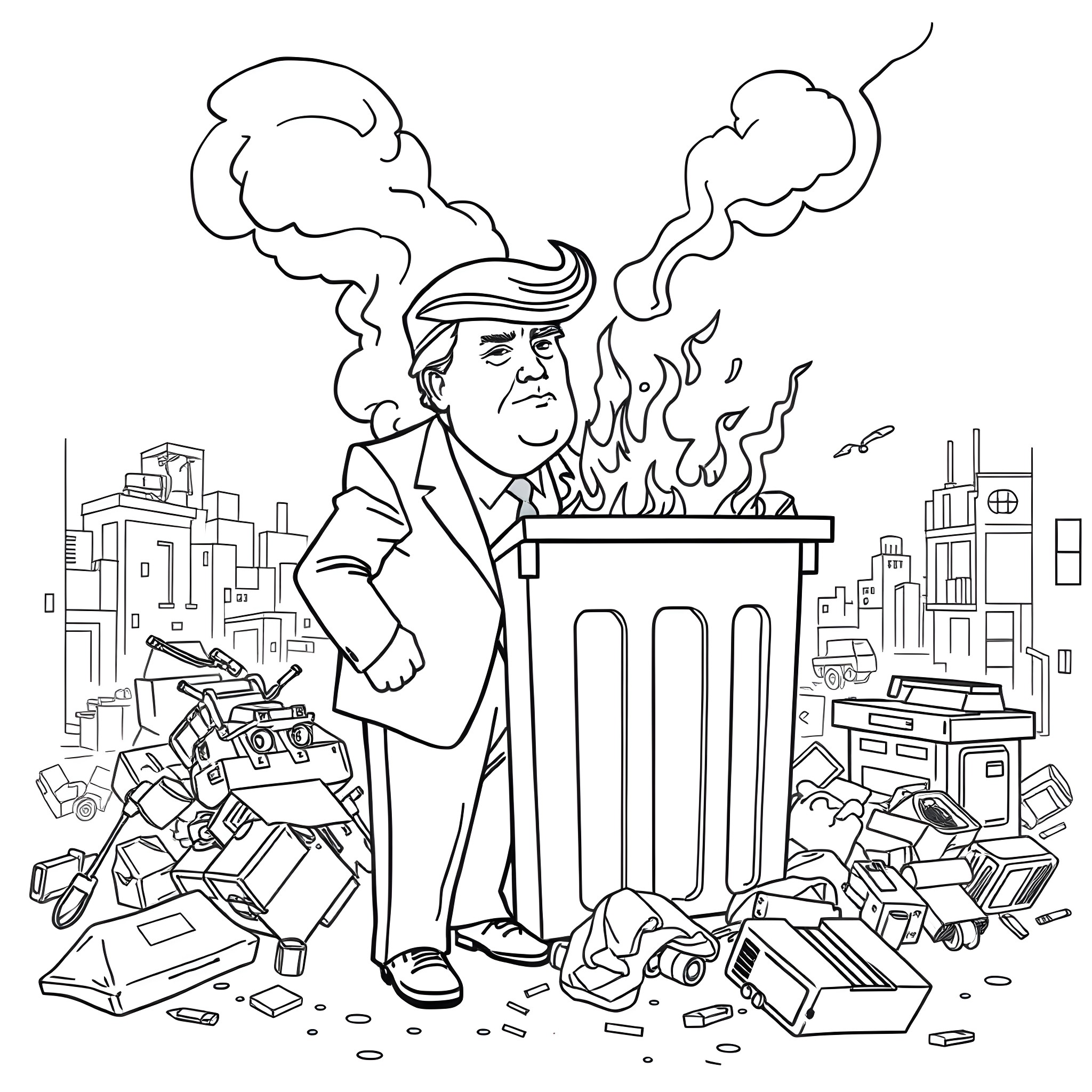 Donald Trump at a Chaotic Podium Coloring Page (free black-and-white line drawing printable PDF for all, from beginners to advanced learners, including children, teens, adults, and seniors)