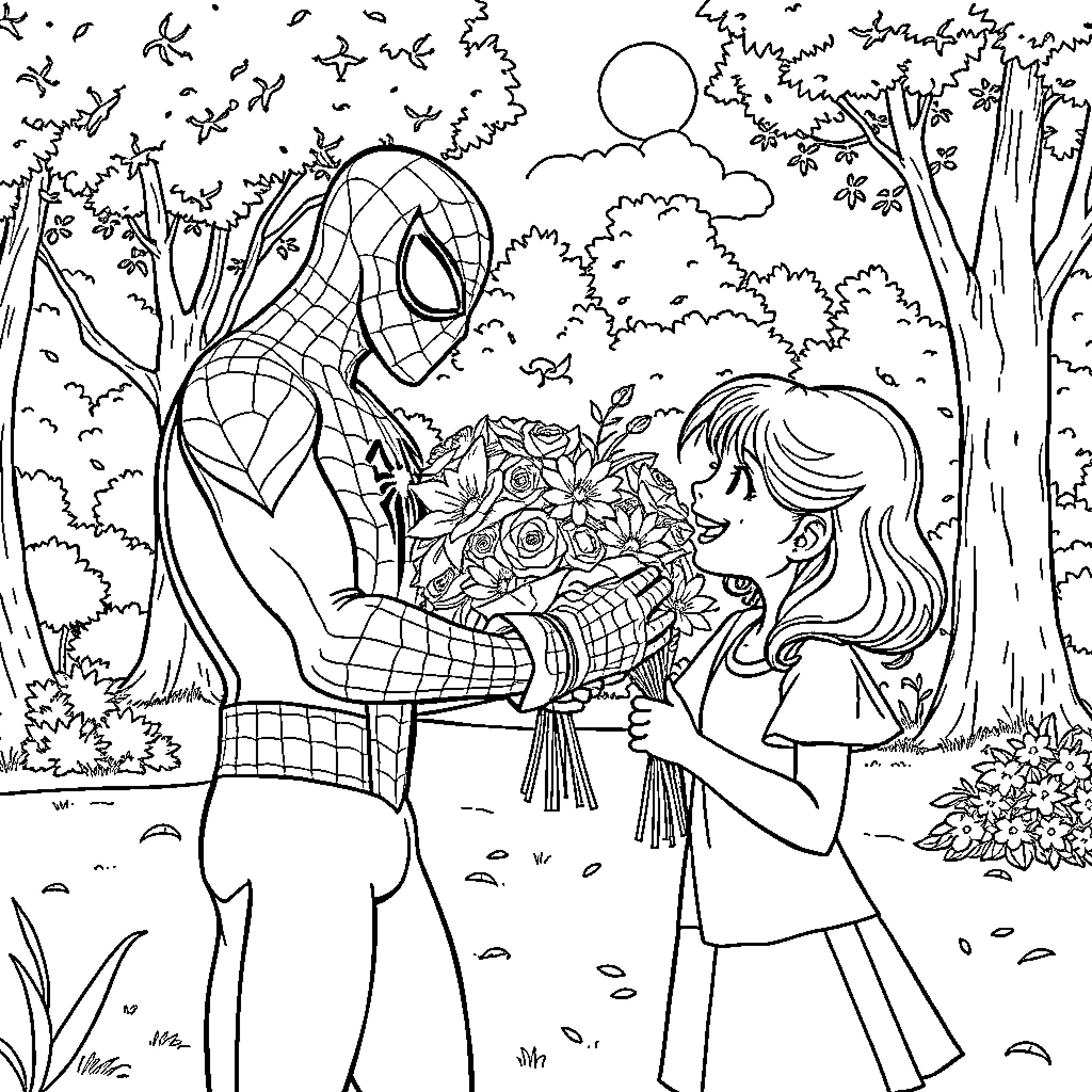 Spiderman surprises girl with floral bouquet in forest Coloring Page (free black-and-white line drawing printable PDF for all, from beginners to advanced learners, including children, teens, adults, and seniors)