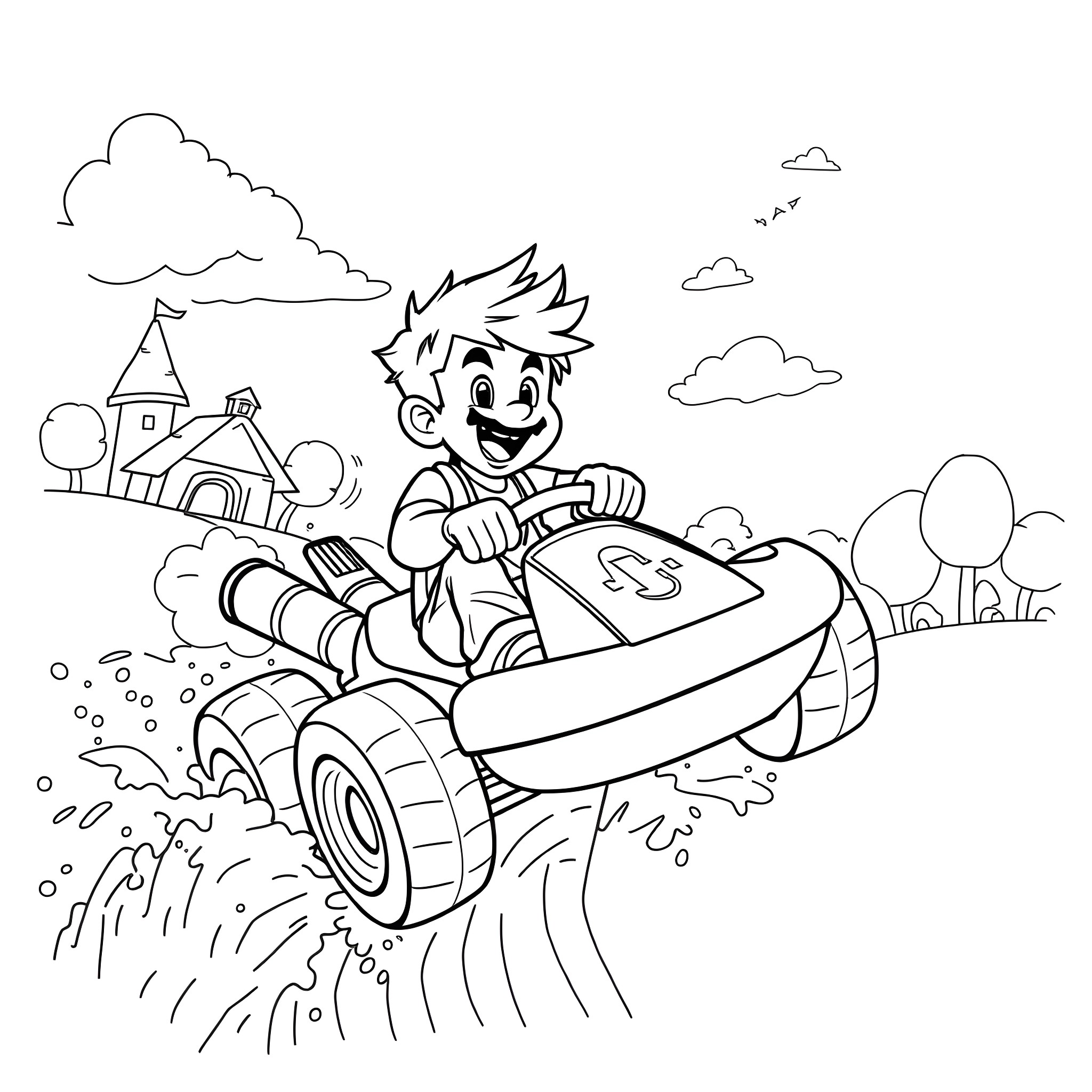 Boy driving an off-road vehicle through the countryside Coloring Page (free black-and-white line drawing printable PDF for all, from beginners to advanced learners, including children, teens, adults, and seniors)