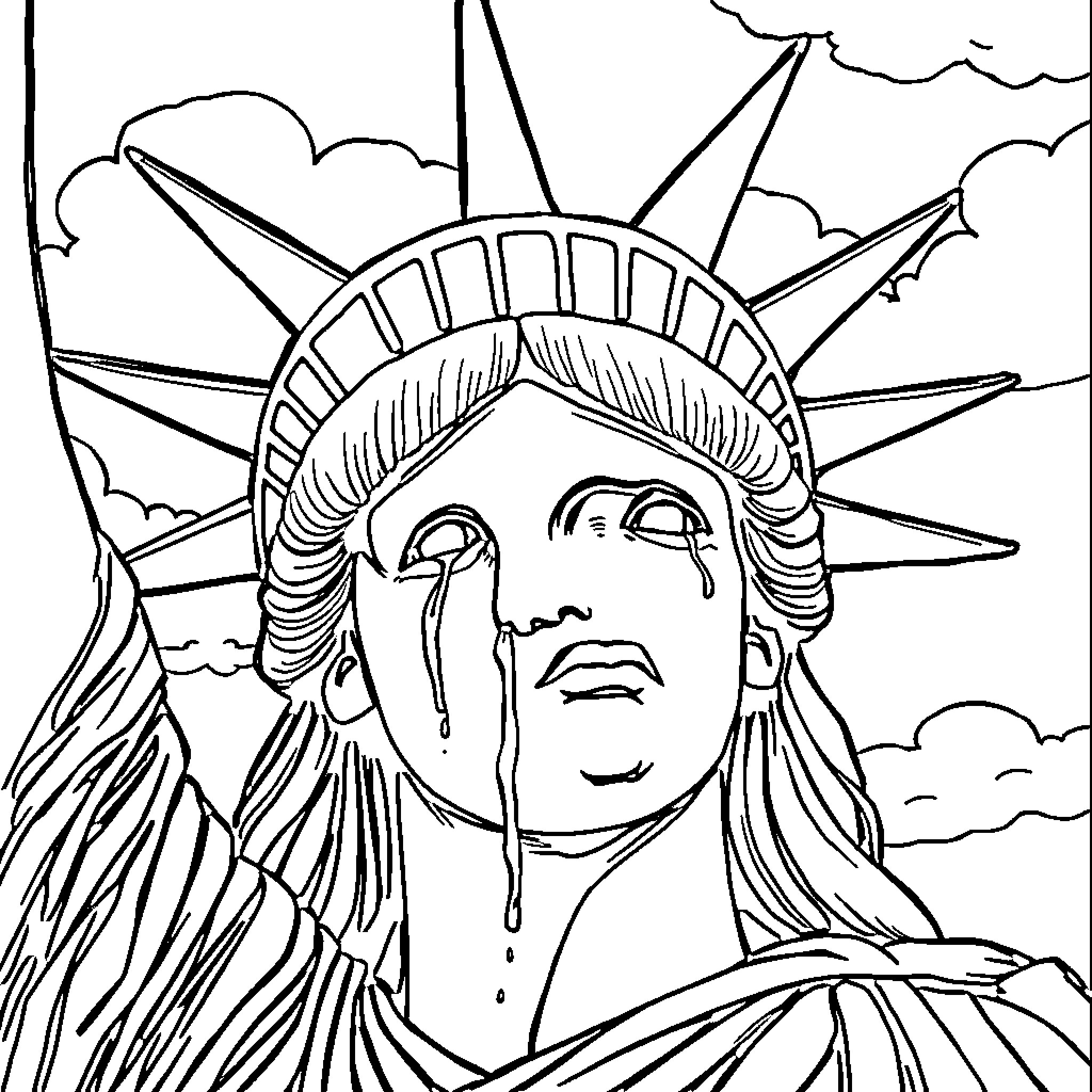 Statue Of Liberty weeping in the clouds Coloring Page (free black-and-white line drawing printable PDF for all, from beginners to advanced learners, including children, teens, adults, and seniors)