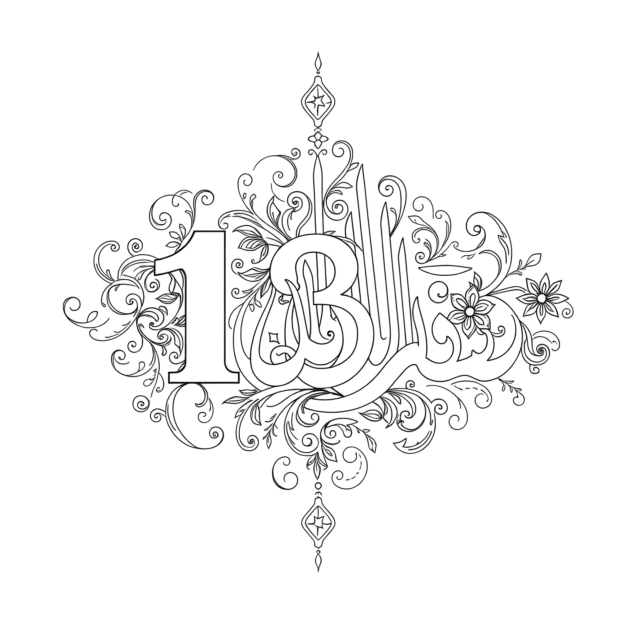 Number Thirteen Artistic Floral Pattern Coloring Page (free black-and-white line drawing printable PDF for all, from beginners to advanced learners, including children, teens, adults, and seniors)