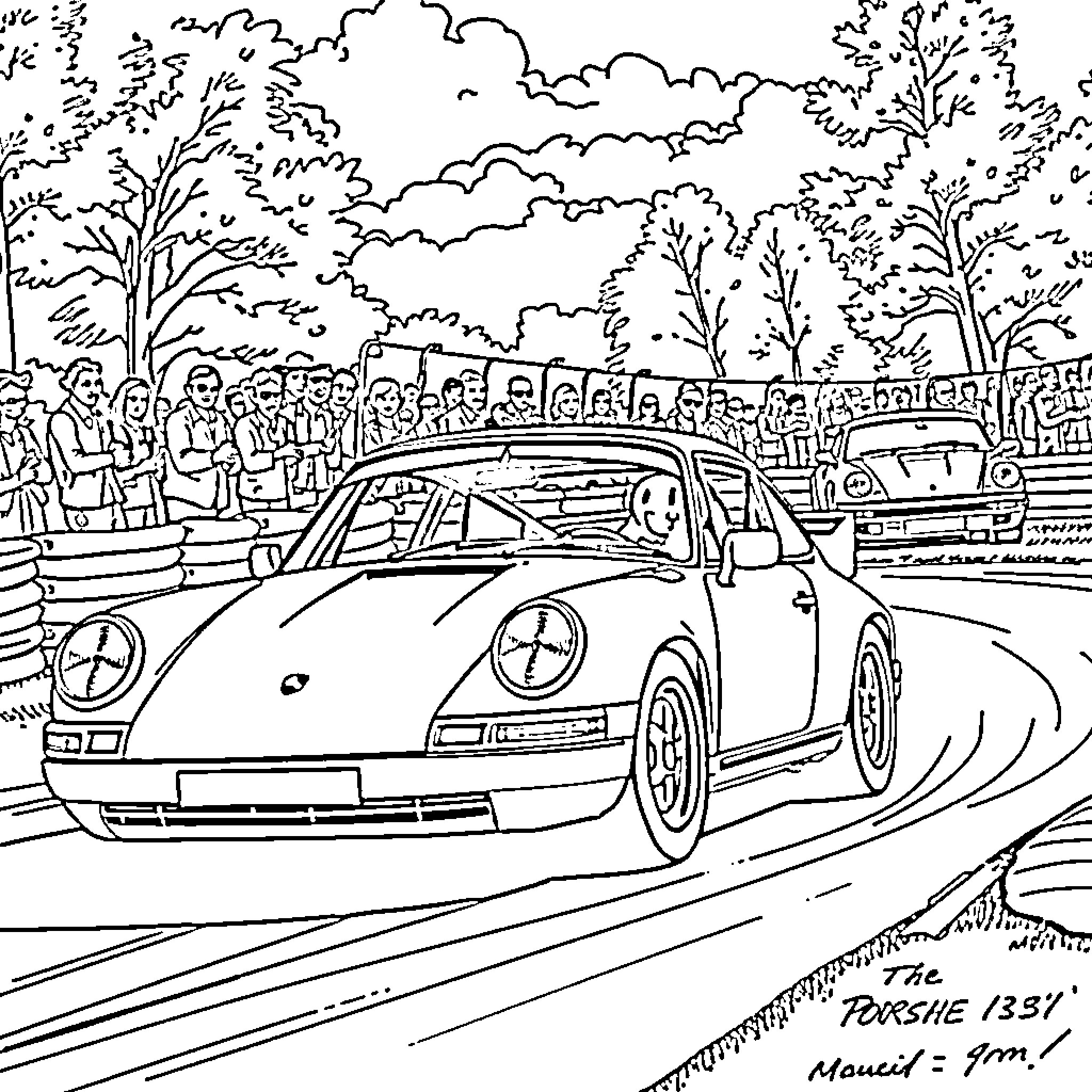 Porsche Speeding Through Race Track with Crowd Coloring Page (free black-and-white line drawing printable PDF for all, from beginners to advanced learners, including children, teens, adults, and seniors)