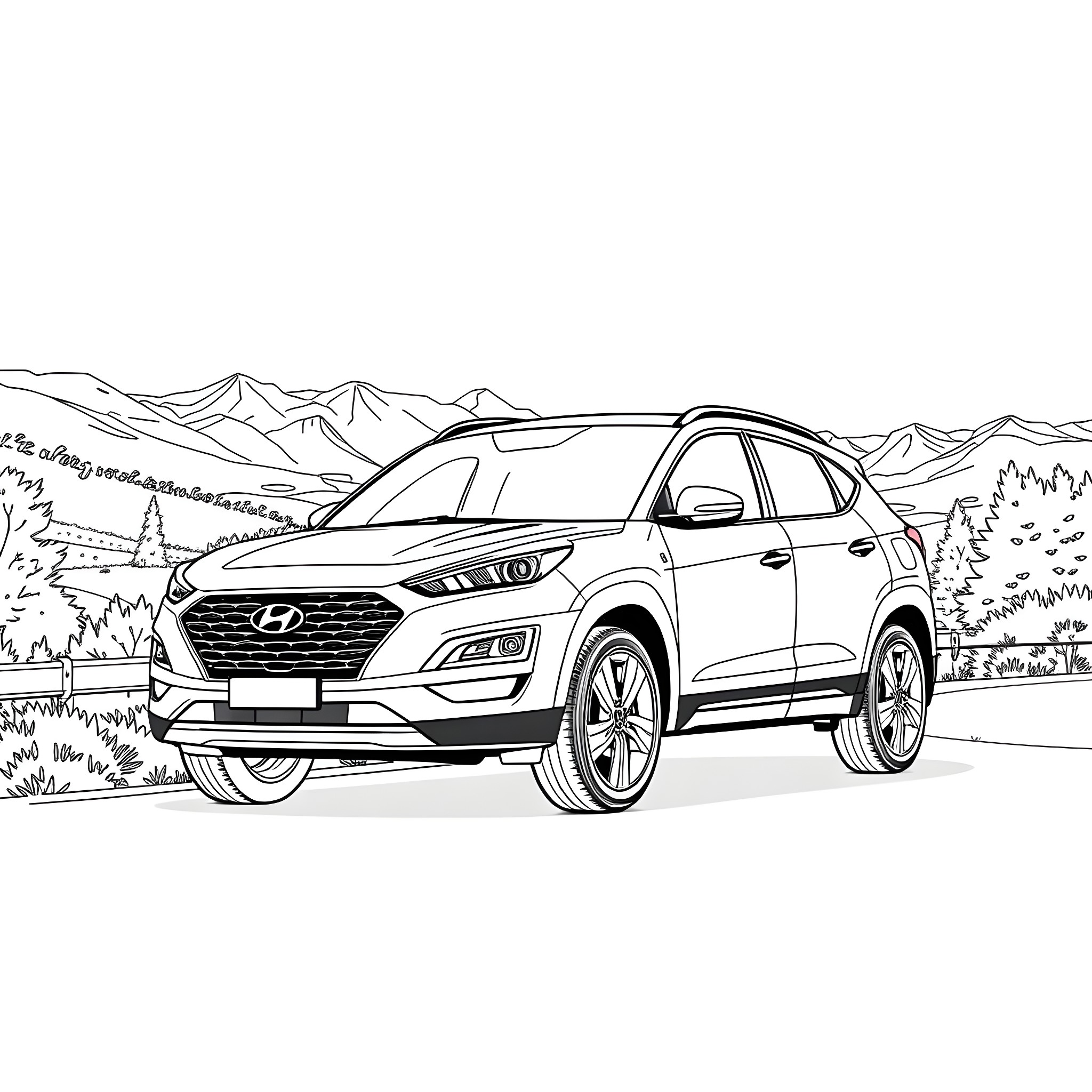 Hyundai Tucson SUV parked in scenic mountain landscape Coloring Page (free black-and-white line drawing printable PDF for all, from beginners to advanced learners, including children, teens, adults, and seniors)