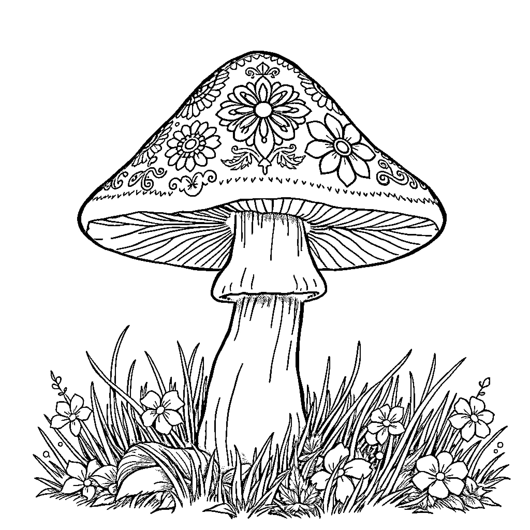 Mushroom surrounded by floral patterns and greenery Coloring Page (free black-and-white line drawing printable PDF for all, from beginners to advanced learners, including children, teens, adults, and seniors)