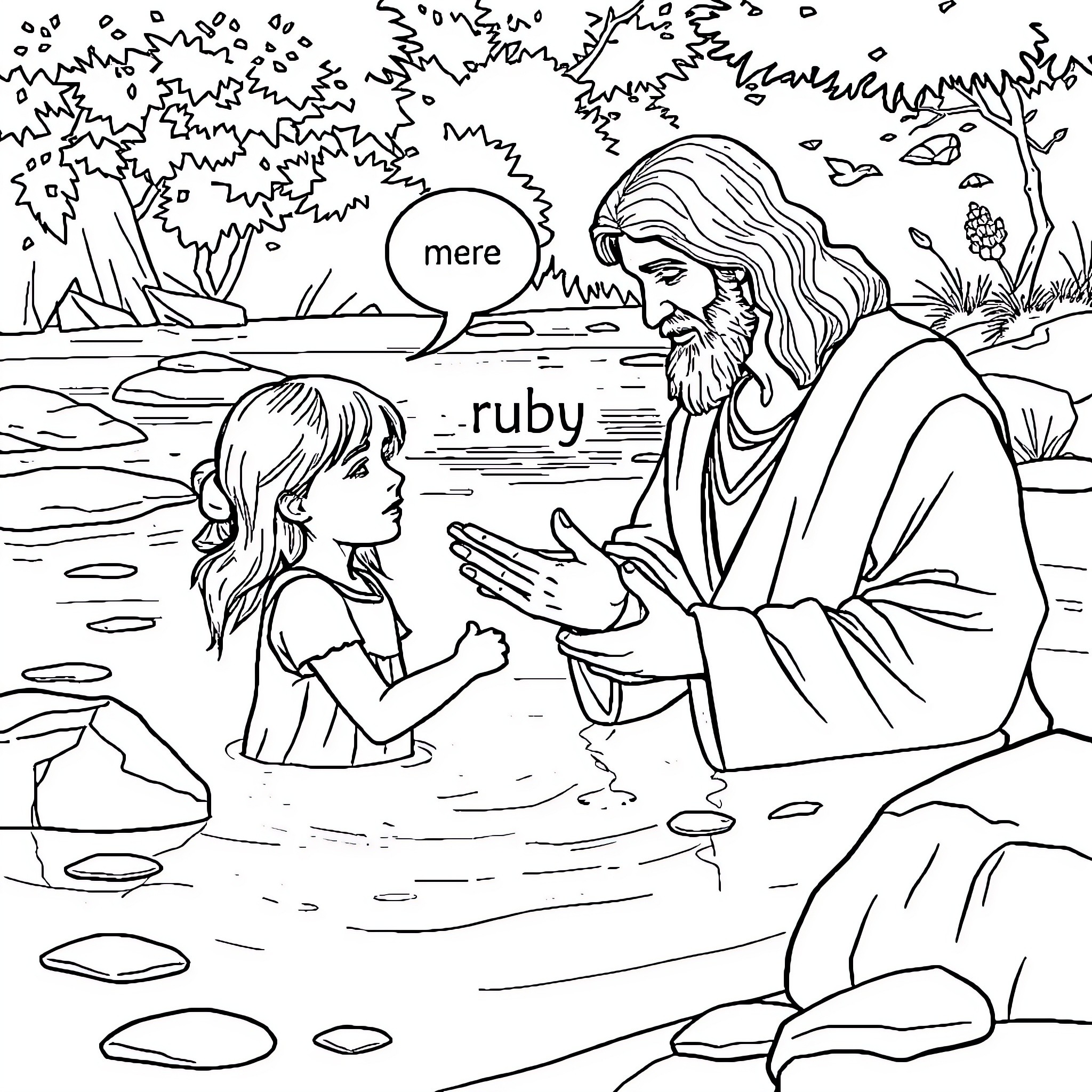 Jesus Conversing with a Young Girl in a Serene Outdoor Setting Coloring Page (free black-and-white line drawing printable PDF for all, from beginners to advanced learners, including children, teens, adults, and seniors)