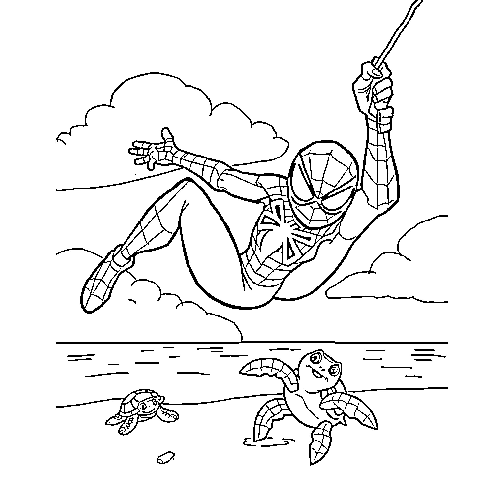 Spidey swinging and interacting with sea creature Coloring Page (free black-and-white line drawing printable PDF for all, from beginners to advanced learners, including children, teens, adults, and seniors)