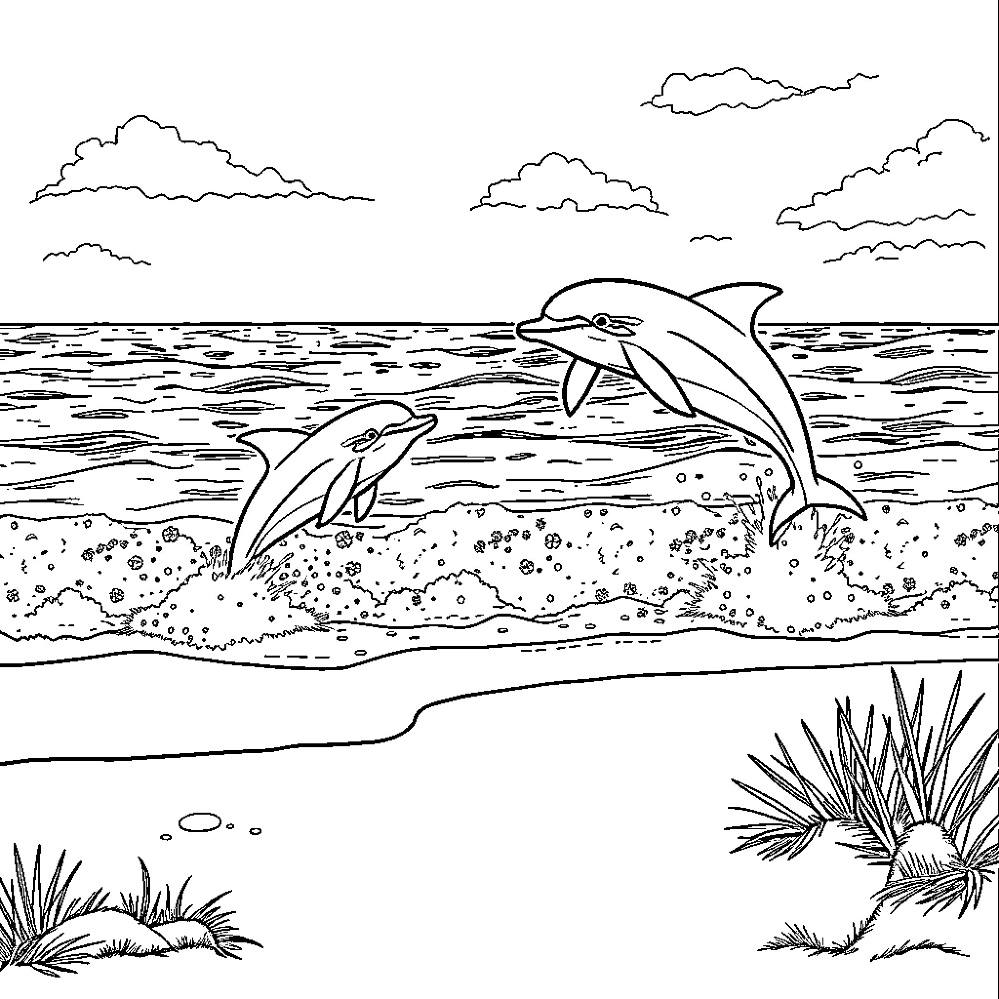 Dolphin duo frolicking in the ocean waves Coloring Page (free black-and-white line drawing printable PDF for all, from beginners to advanced learners, including children, teens, adults, and seniors)