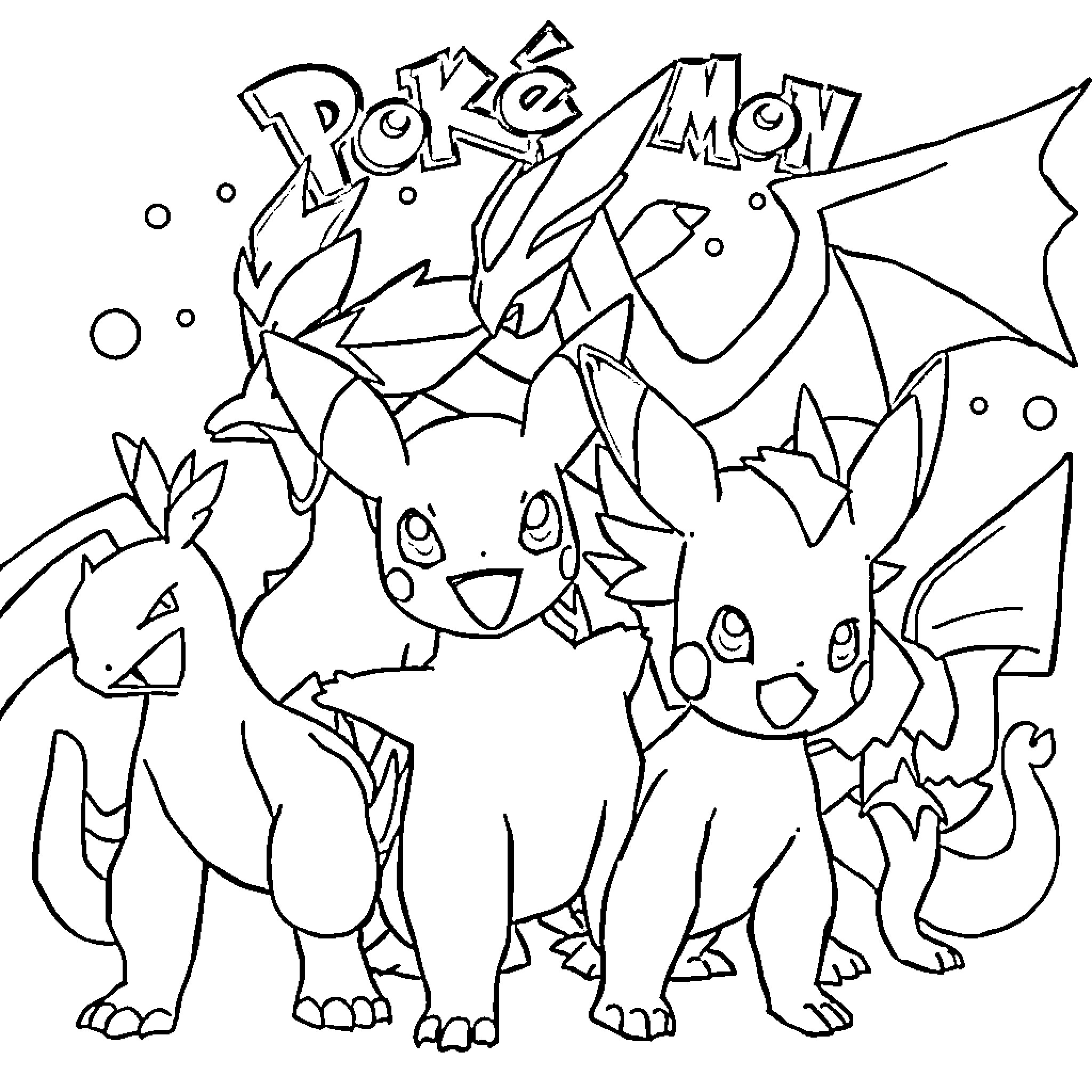 Pokémon characters enjoying a playful scene Coloring Page (free black-and-white line drawing printable PDF for all, from beginners to advanced learners, including children, teens, adults, and seniors)