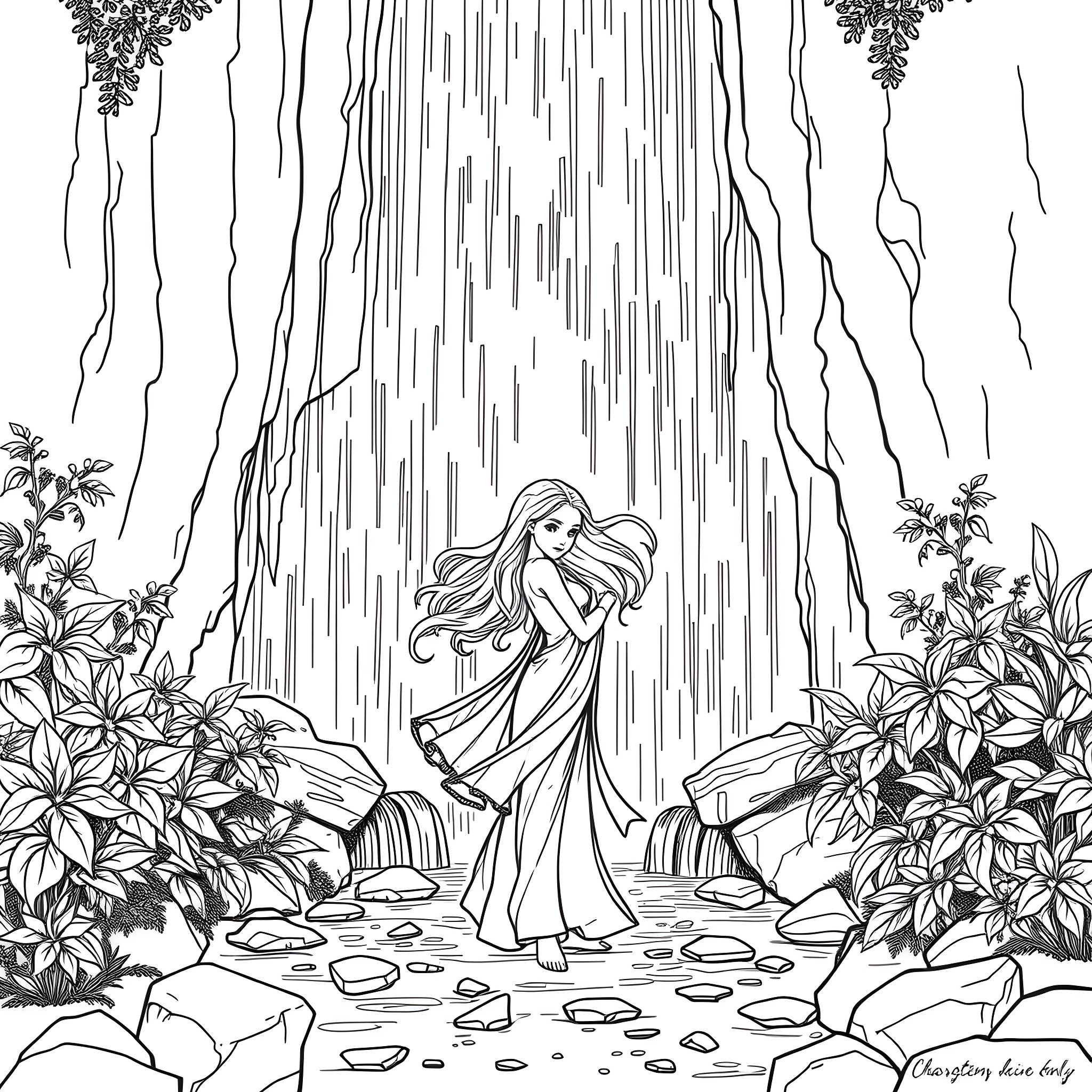 Charlestyn: A Magical Maiden's Waterfall Adventure Coloring Page (free black-and-white line drawing printable PDF for all, from beginners to advanced learners, including children, teens, adults, and seniors)