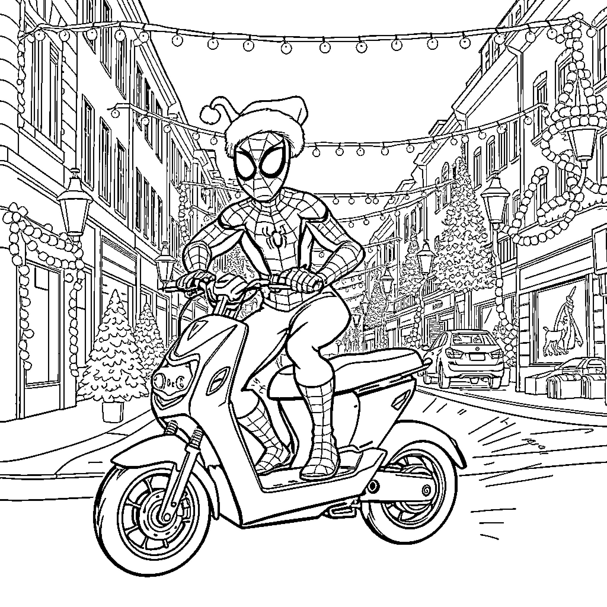 Spiderman riding a scooter in a festive city street Coloring Page (free black-and-white line drawing printable PDF for all, from beginners to advanced learners, including children, teens, adults, and seniors)